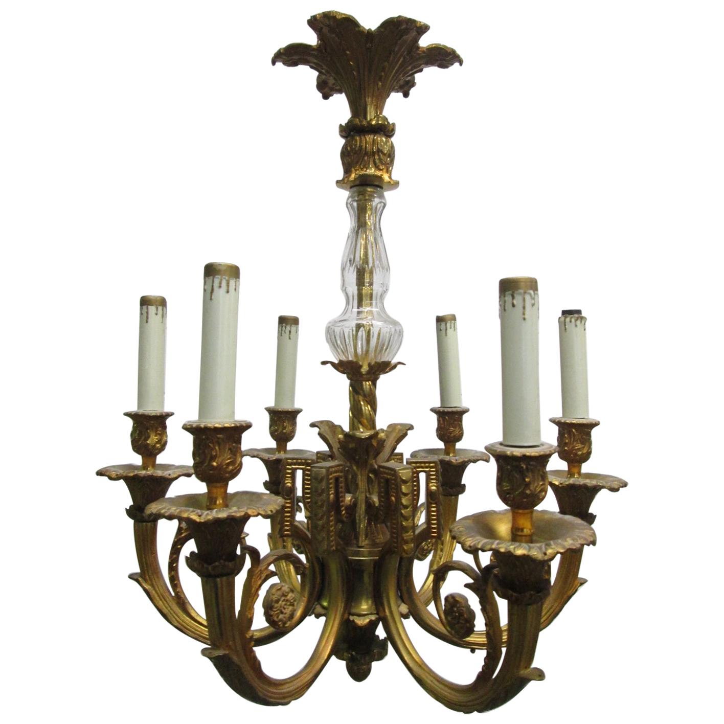 French Gold Gilt Bronze Six-Arm Chandelier