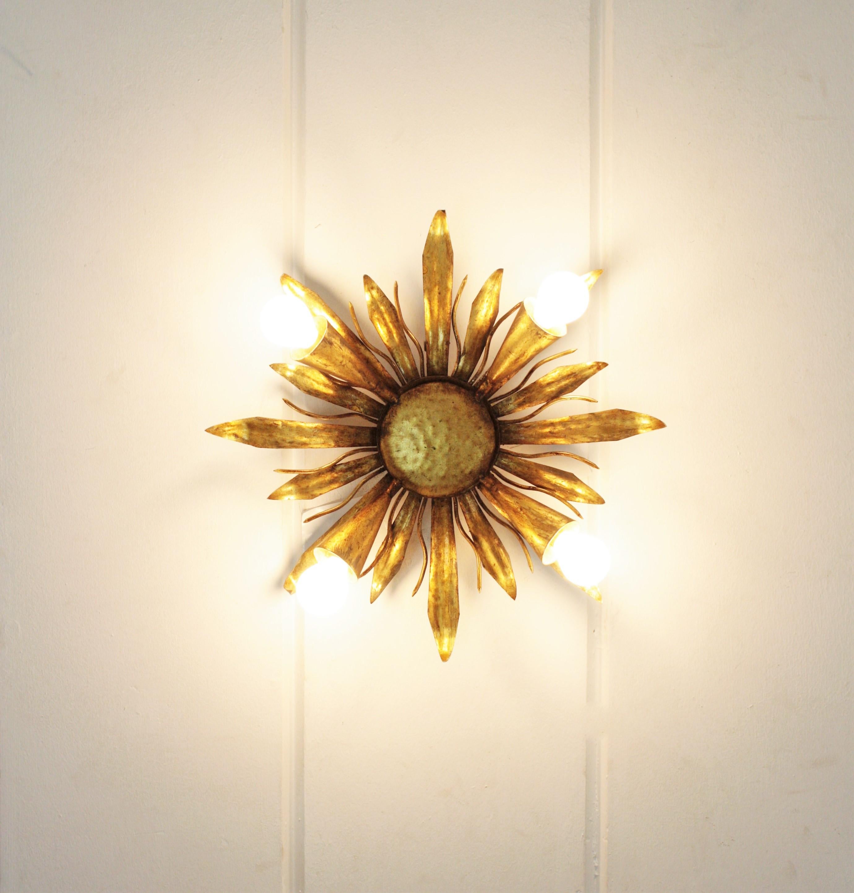 1940s French Sunburst Foliage Flush Mount Light Fixture in Gilt Iron For Sale 9