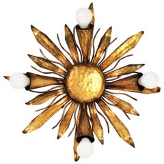 1940s French Sunburst Foliage Flush Mount Light Fixture in Gilt Iron