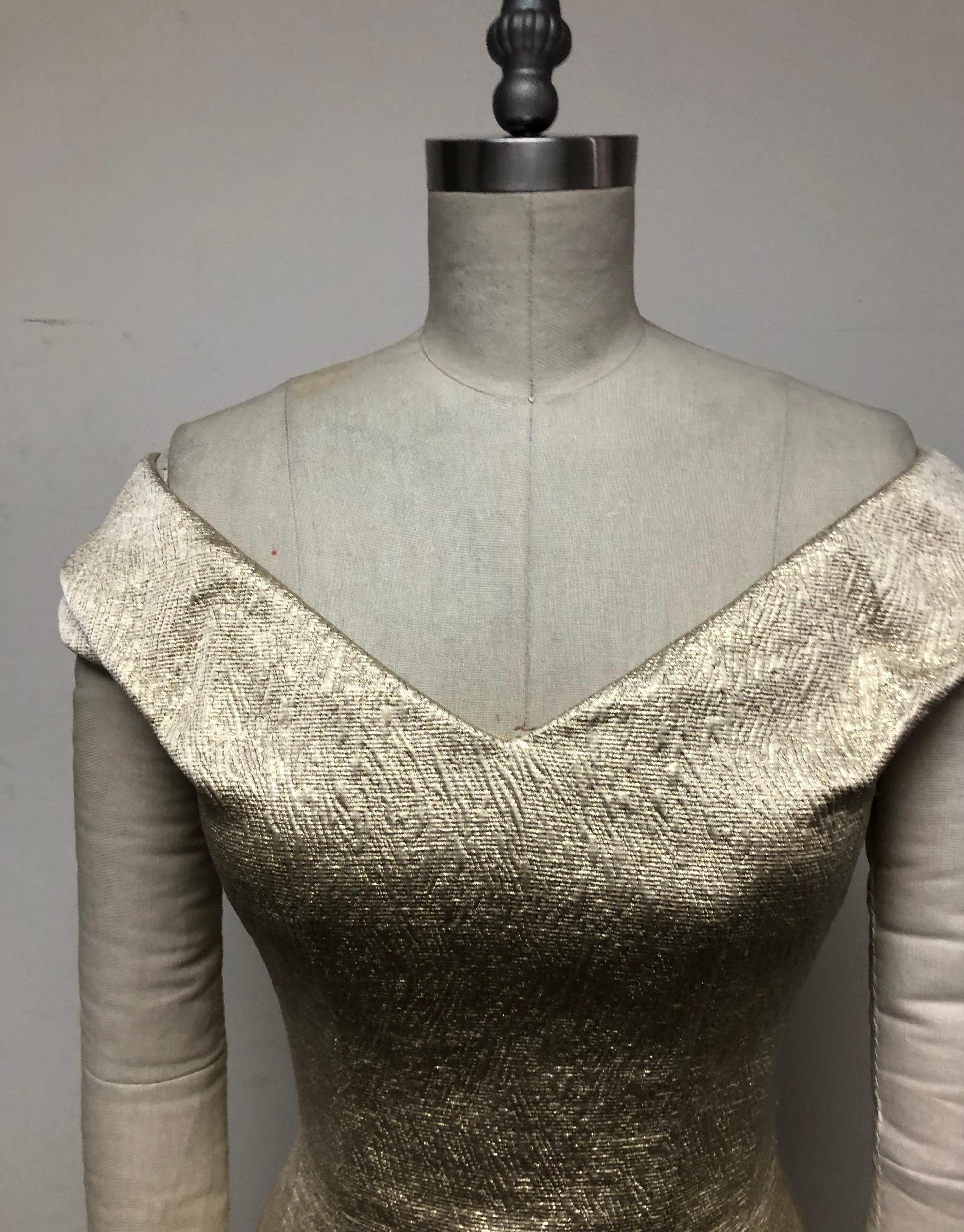 French Gold Lame V Neck Bustier Dress  In Excellent Condition In Los Angeles, CA