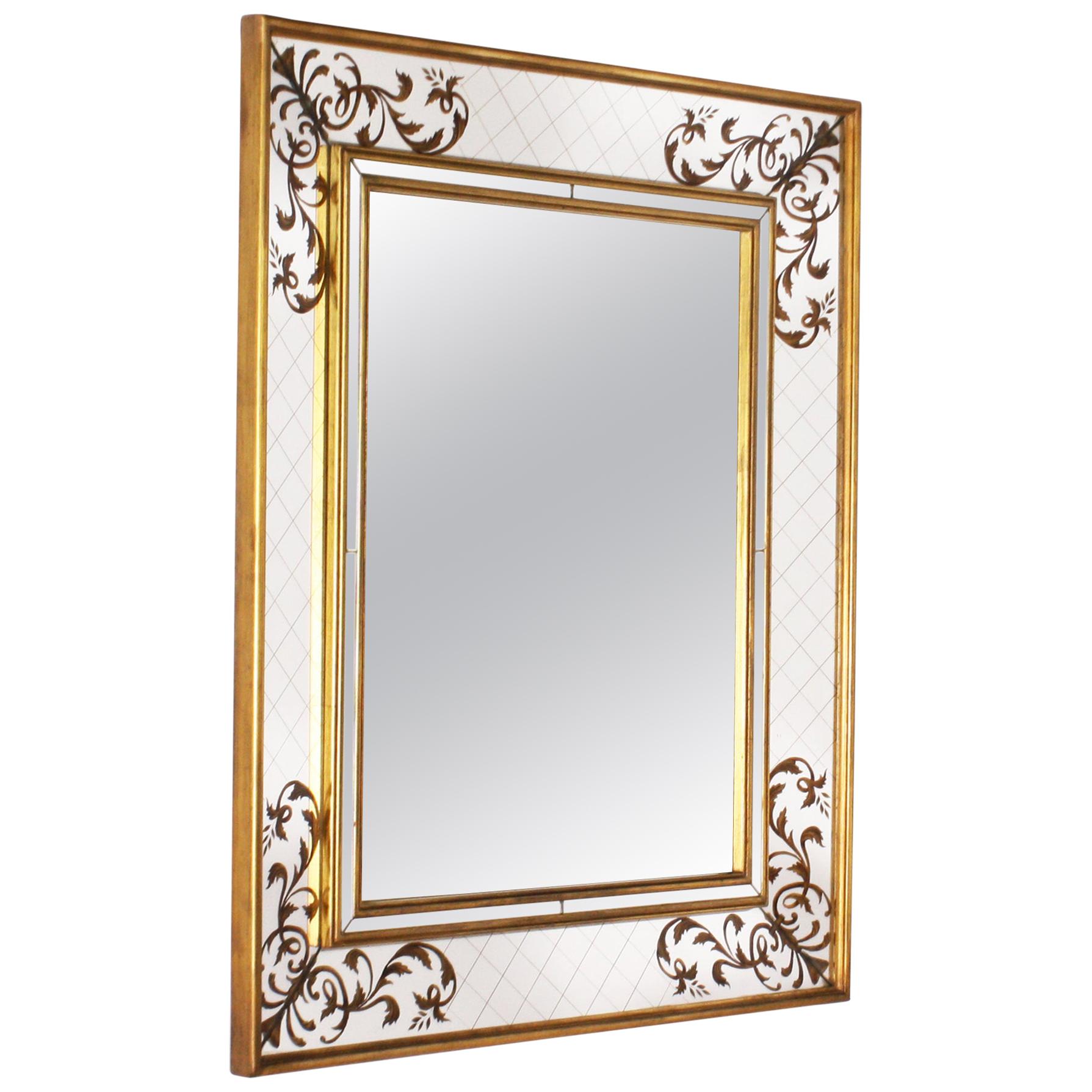 French Gold Leaf Églomisé Mirror with Gold Wood Frame, circa 1940