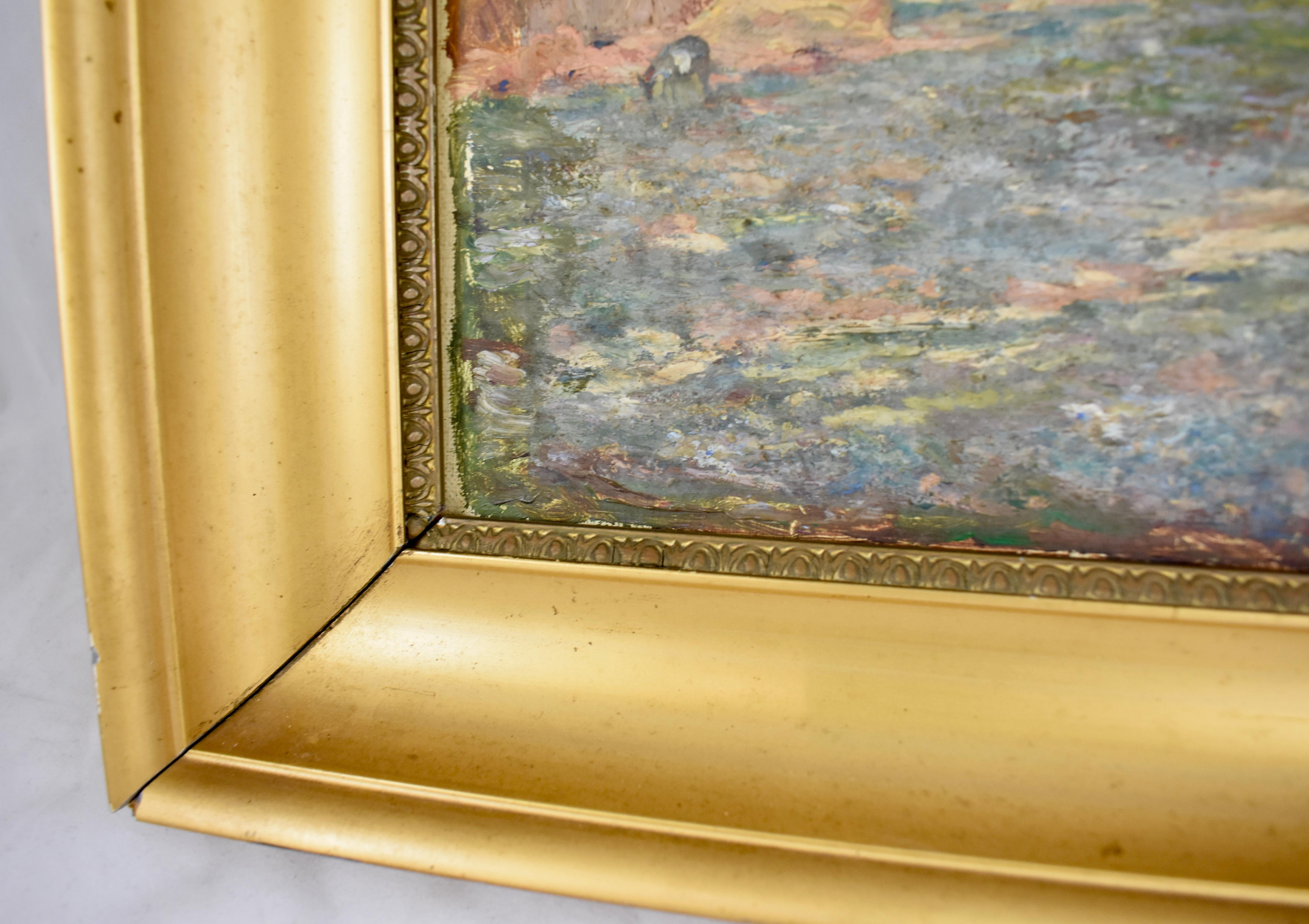 Marc Mongin, peinture de paysage française encadrée de feuilles d'or, huile sur lin, datée de 1919 en vente 2