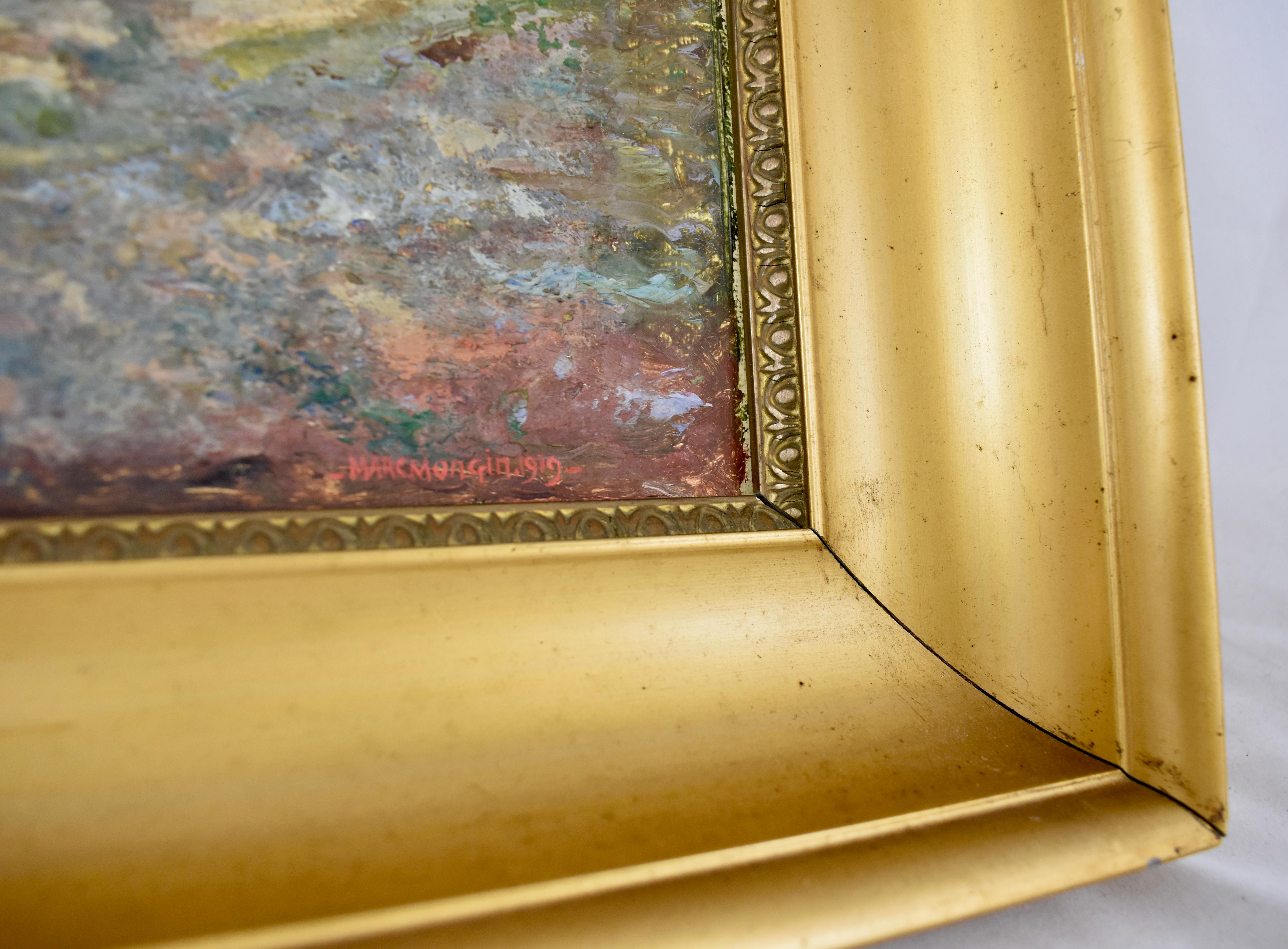 Marc Mongin, peinture de paysage française encadrée de feuilles d'or, huile sur lin, datée de 1919 en vente 3