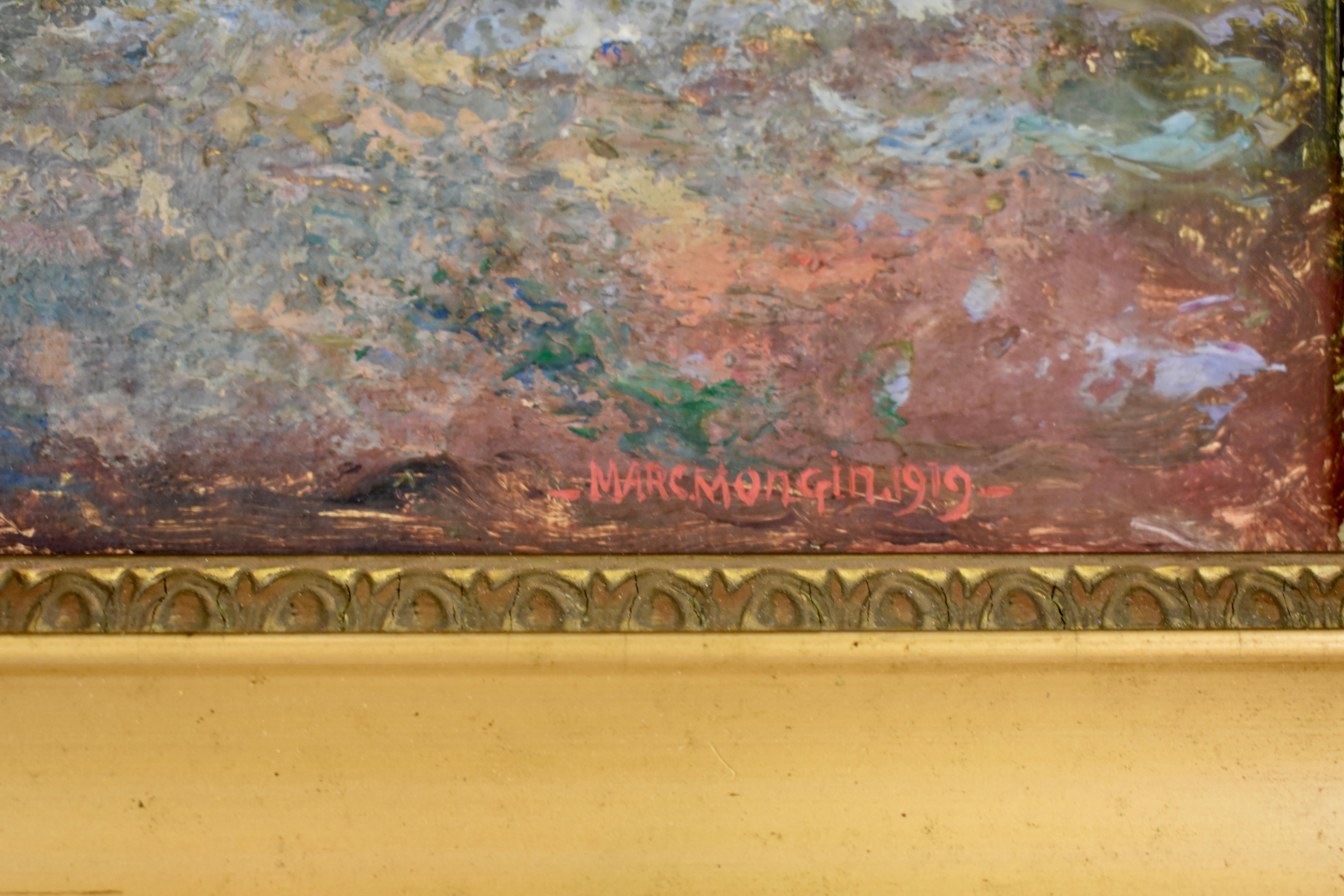 Provincial français Marc Mongin, peinture de paysage française encadrée de feuilles d'or, huile sur lin, datée de 1919 en vente