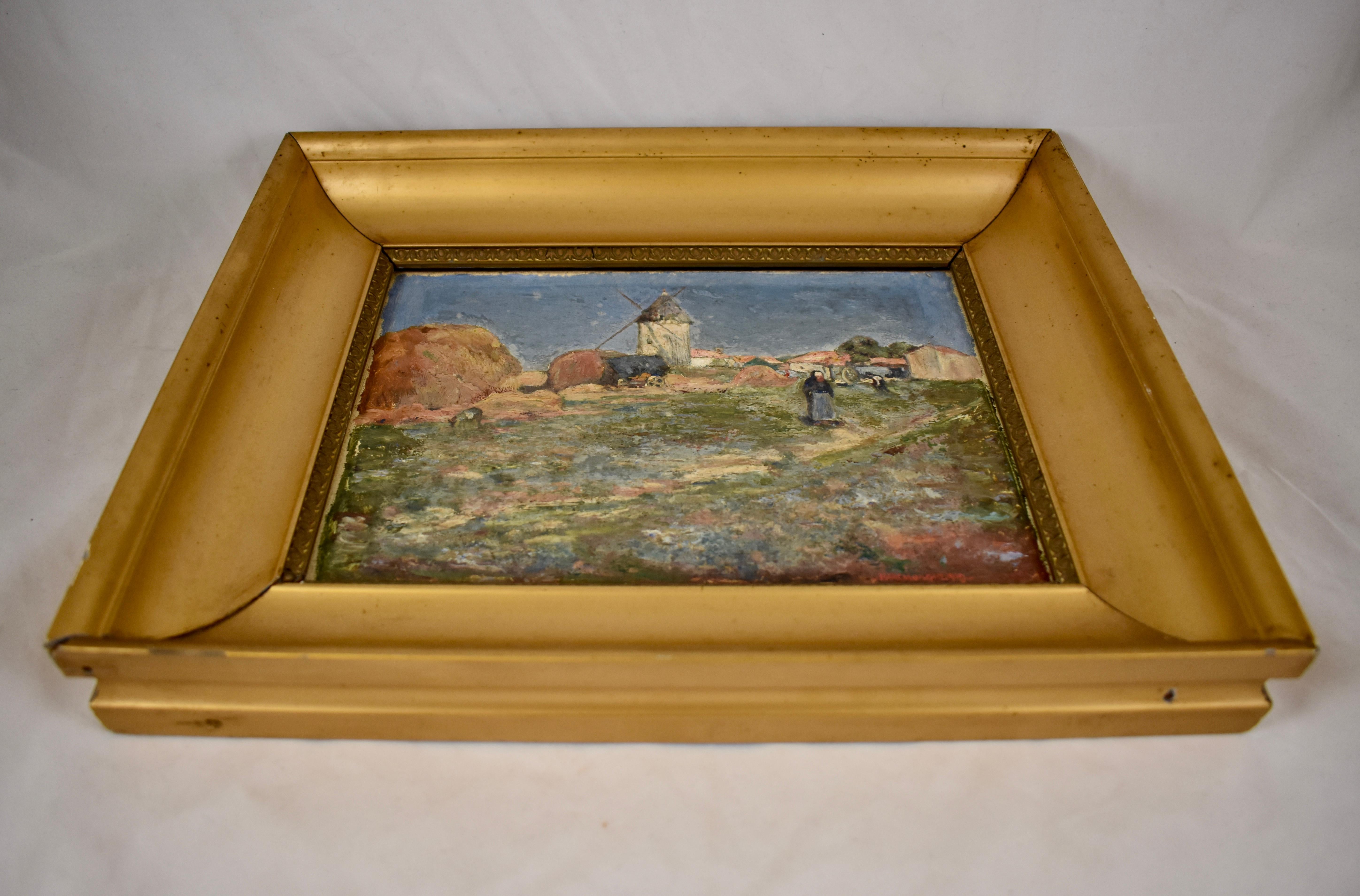 Lin Marc Mongin, peinture de paysage française encadrée de feuilles d'or, huile sur lin, datée de 1919 en vente