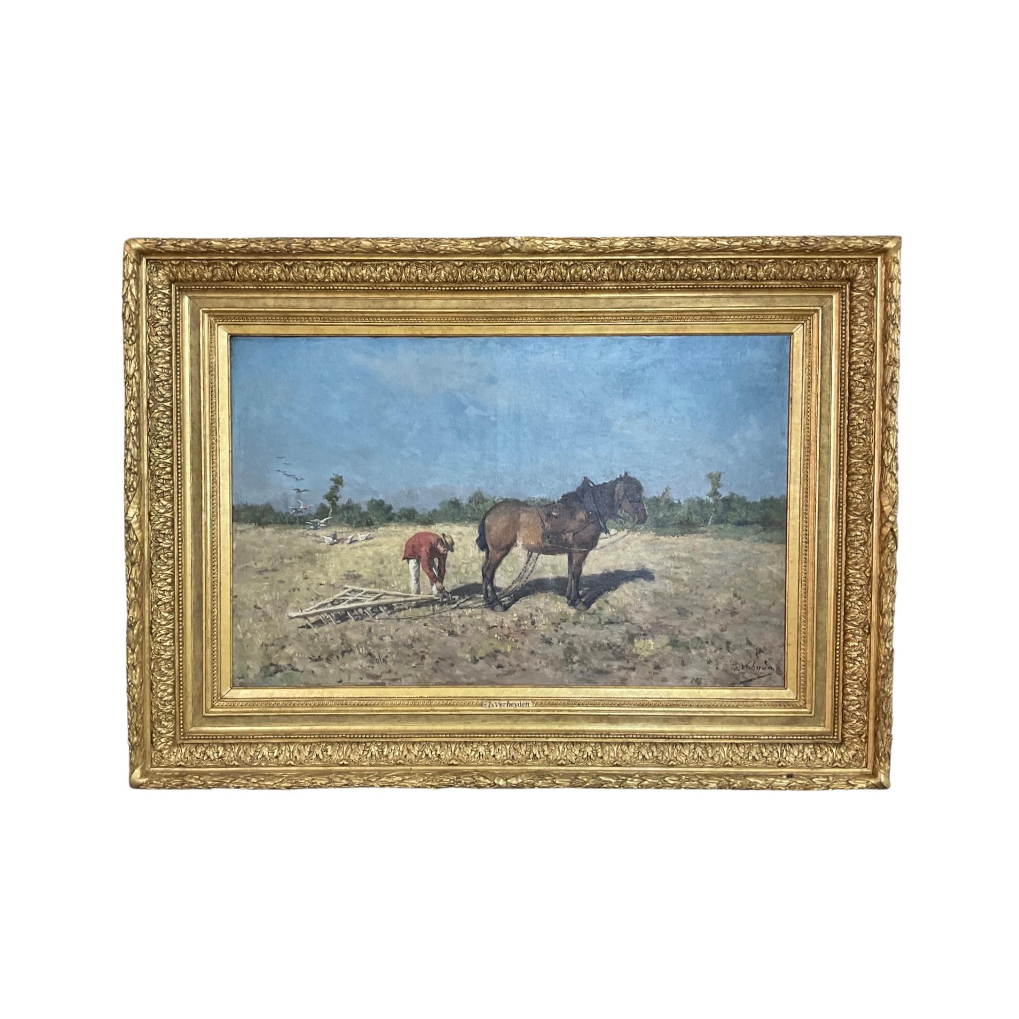 This 18th century painting, signed by L.S. VERHEYDER, showcases a scene of a man and a horse in a field, framed in a luxurious gold leaf frame with detailed hand carved details. Ideal for collectors and art enthusiasts alike, this piece will make a