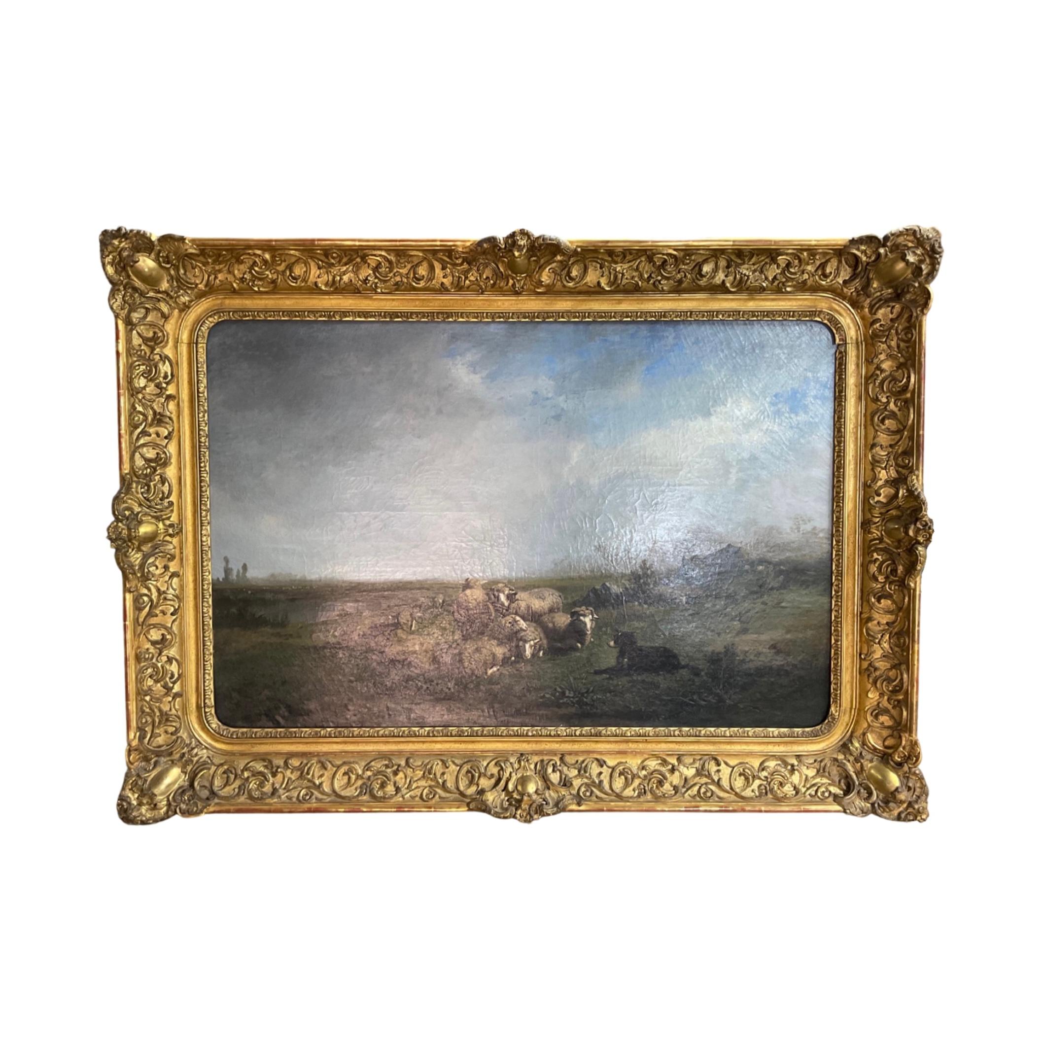 This stunning 18th century French painting features a luxurious gold-leaf frame. The beautiful and detailed artwork showcases animals lounging in the fields, creating a tranquil scene. Perfect for bringing a touch of classic elegance to any home.