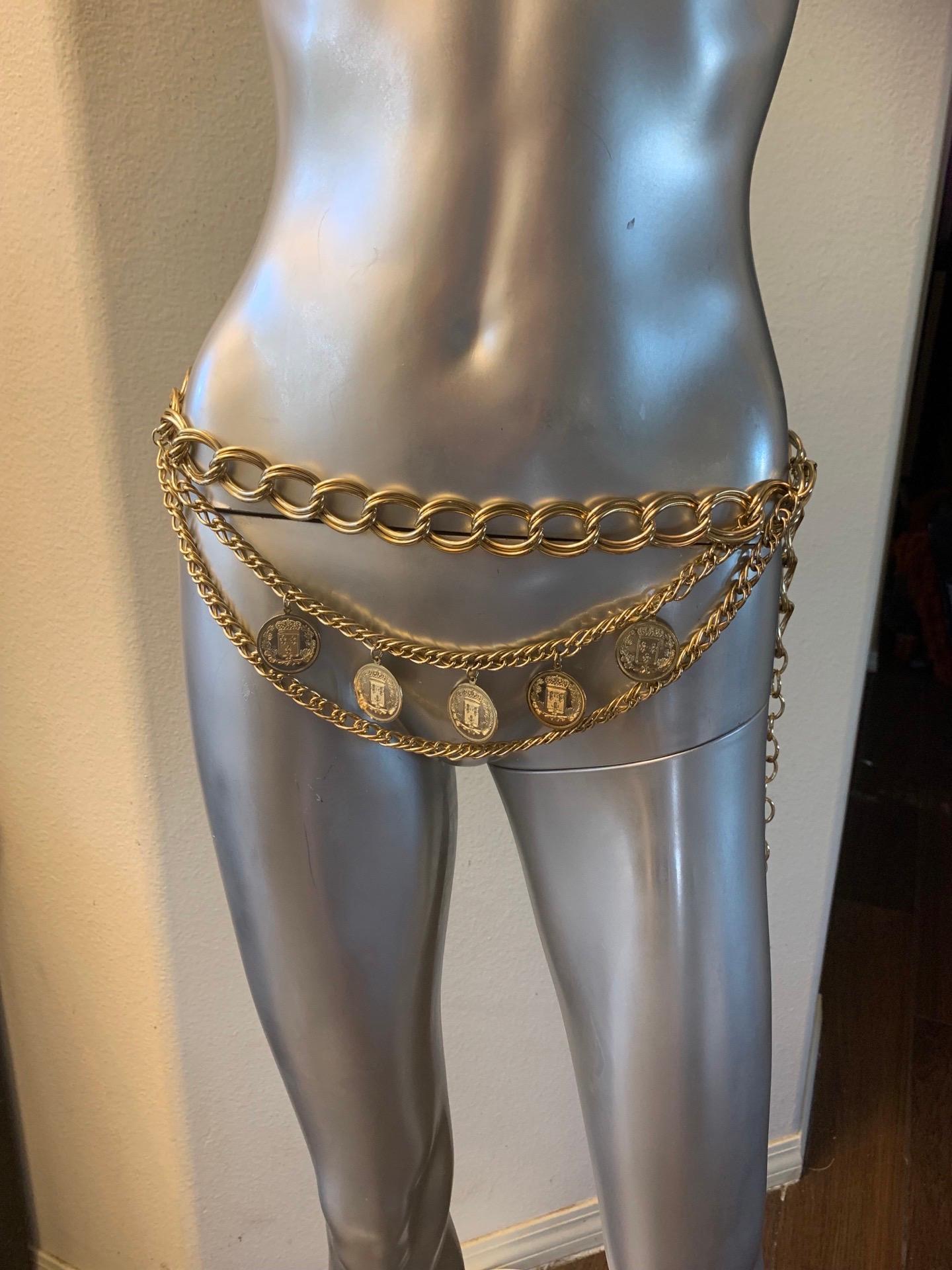 French Gold Plated Chain Belt with Faux French Coin Charms One Size Fits All In Excellent Condition For Sale In Palm Springs, CA