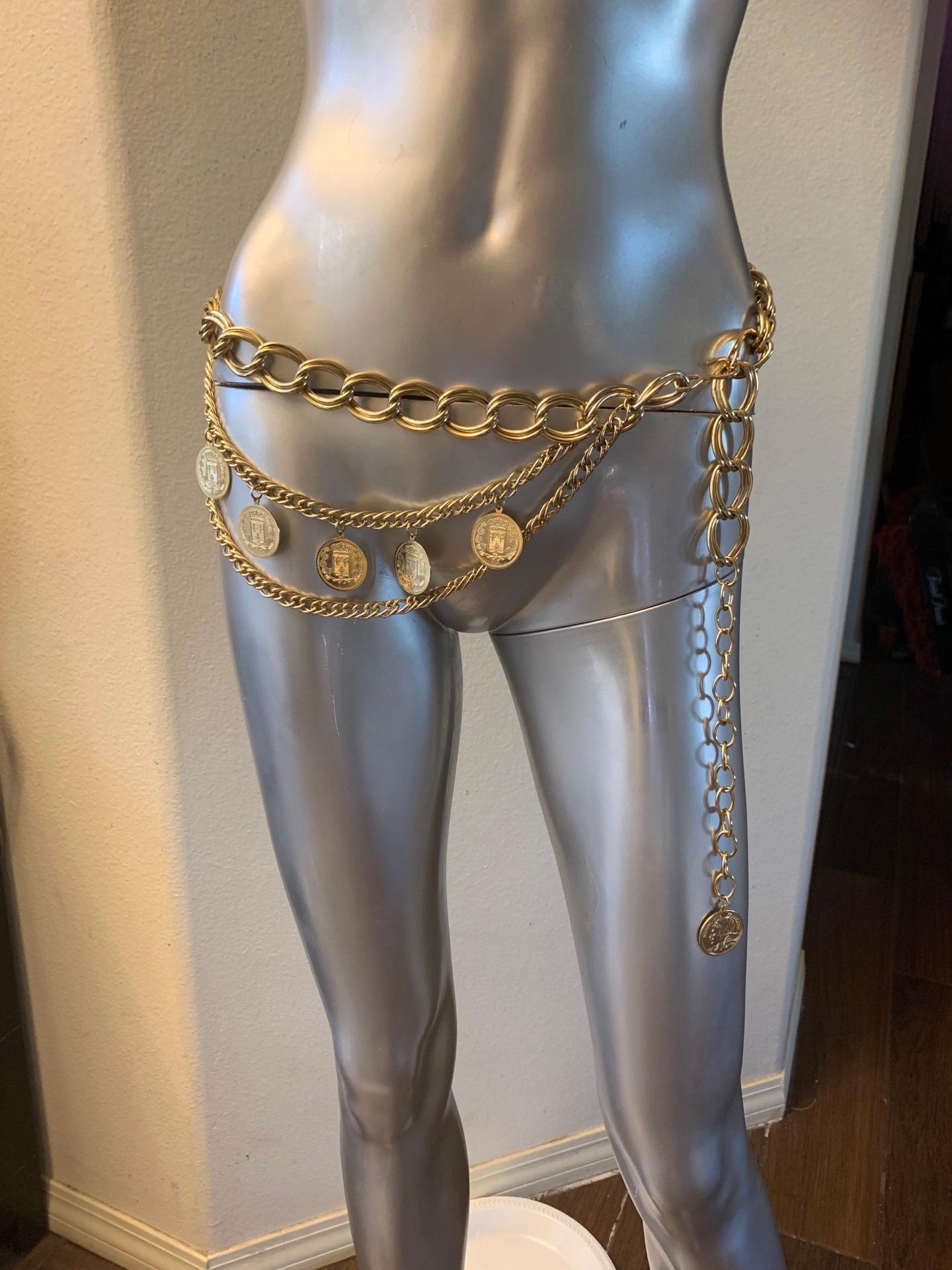 Women's or Men's French Gold Plated Chain Belt with Faux French Coin Charms One Size Fits All For Sale