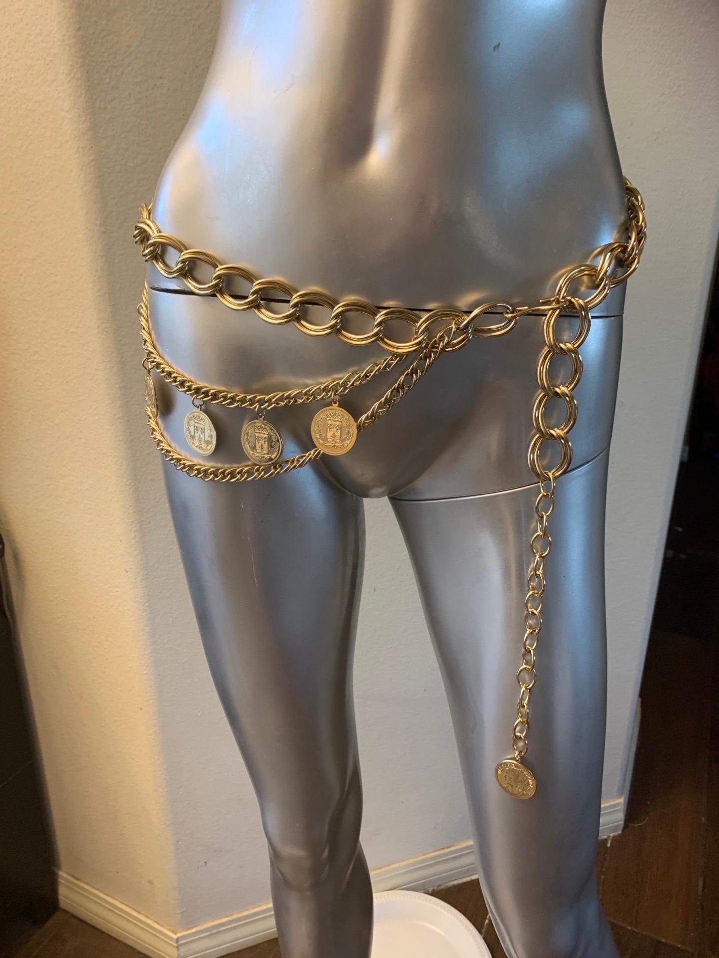 French Gold Plated Chain Belt with Faux French Coin Charms One Size Fits All For Sale 1