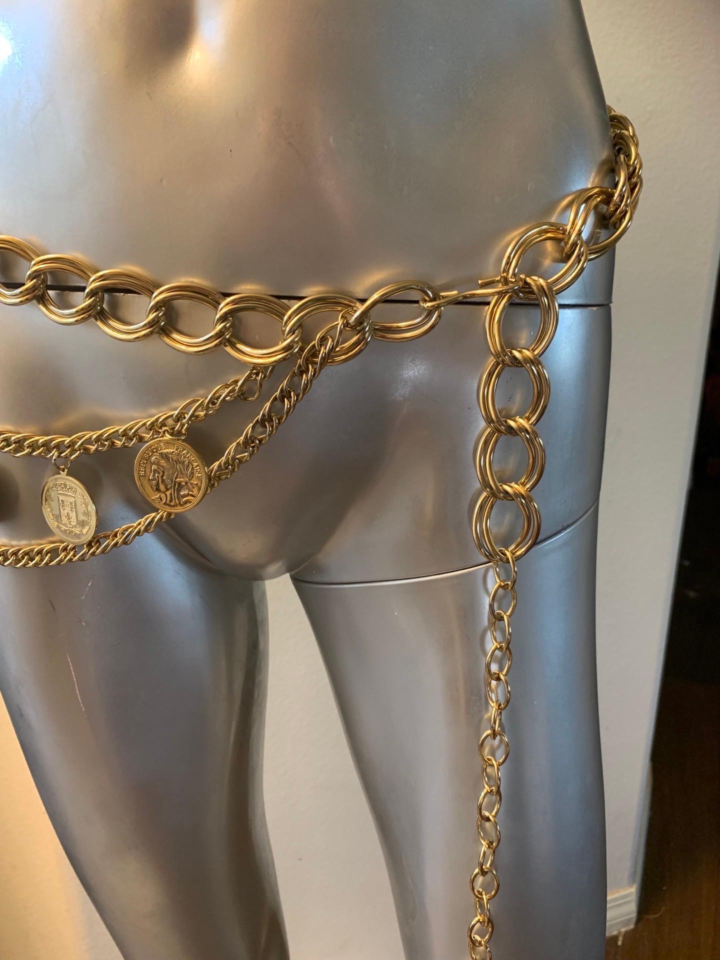 French Gold Plated Chain Belt with Faux French Coin Charms One Size Fits All For Sale 2