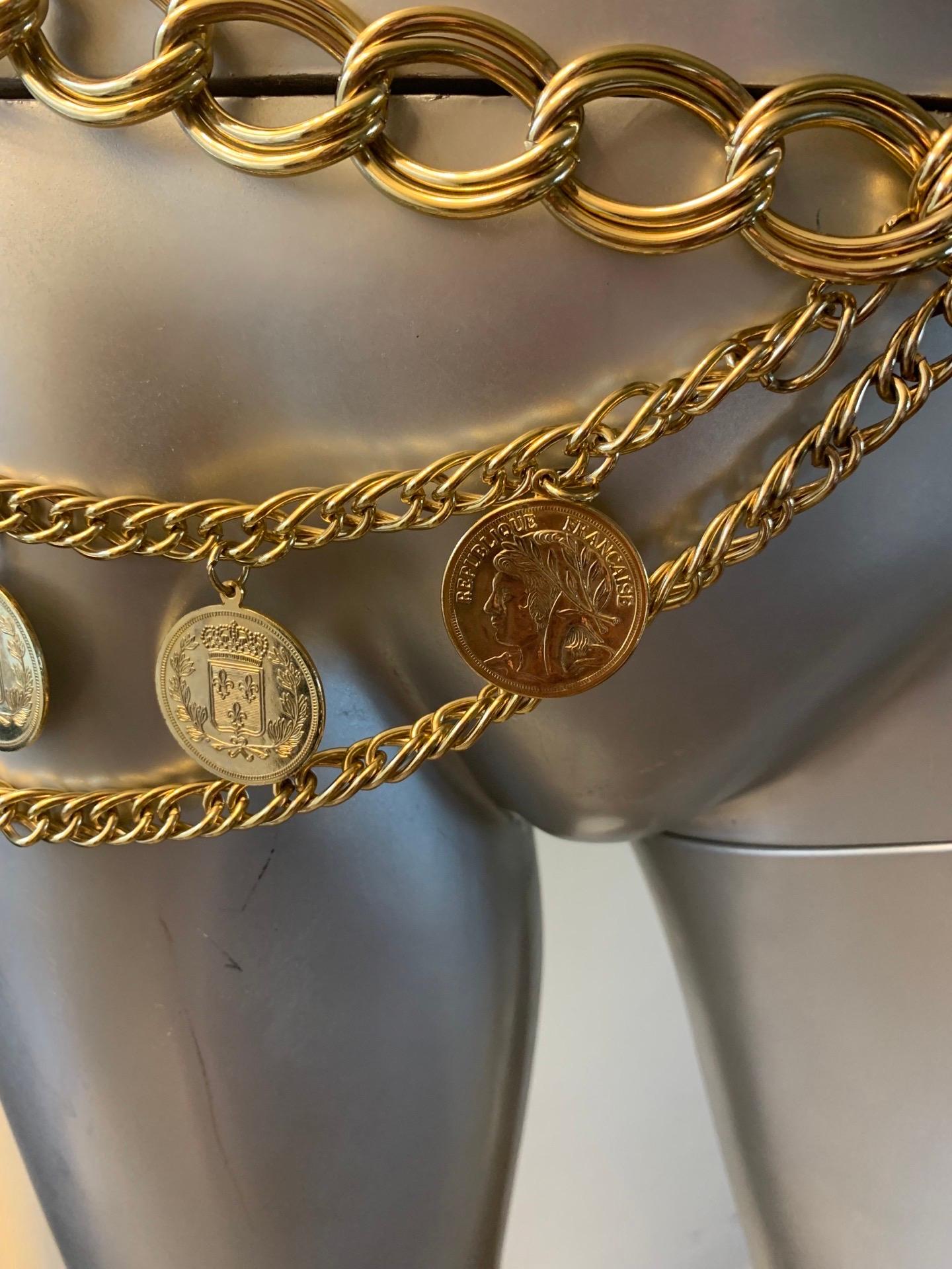 French Gold Plated Chain Belt with Faux French Coin Charms One Size Fits All For Sale 3