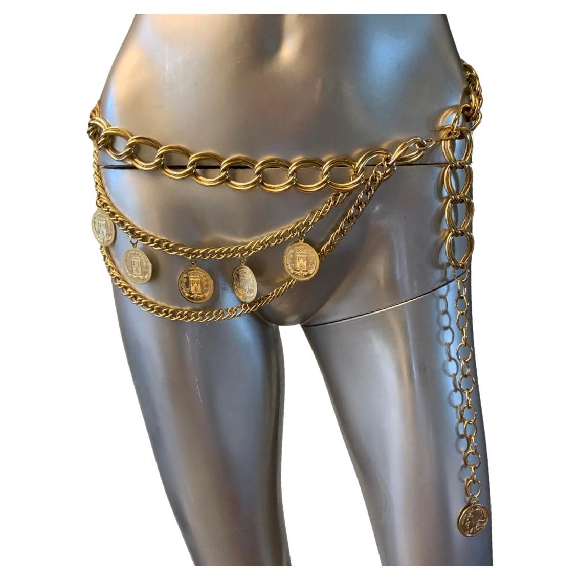 French Gold Plated Chain Belt with Faux French Coin Charms One Size Fits All For Sale