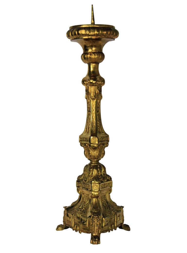 A French neo Baroque gold-plated altarstick in the early 18th century style. Would make a good lamp.