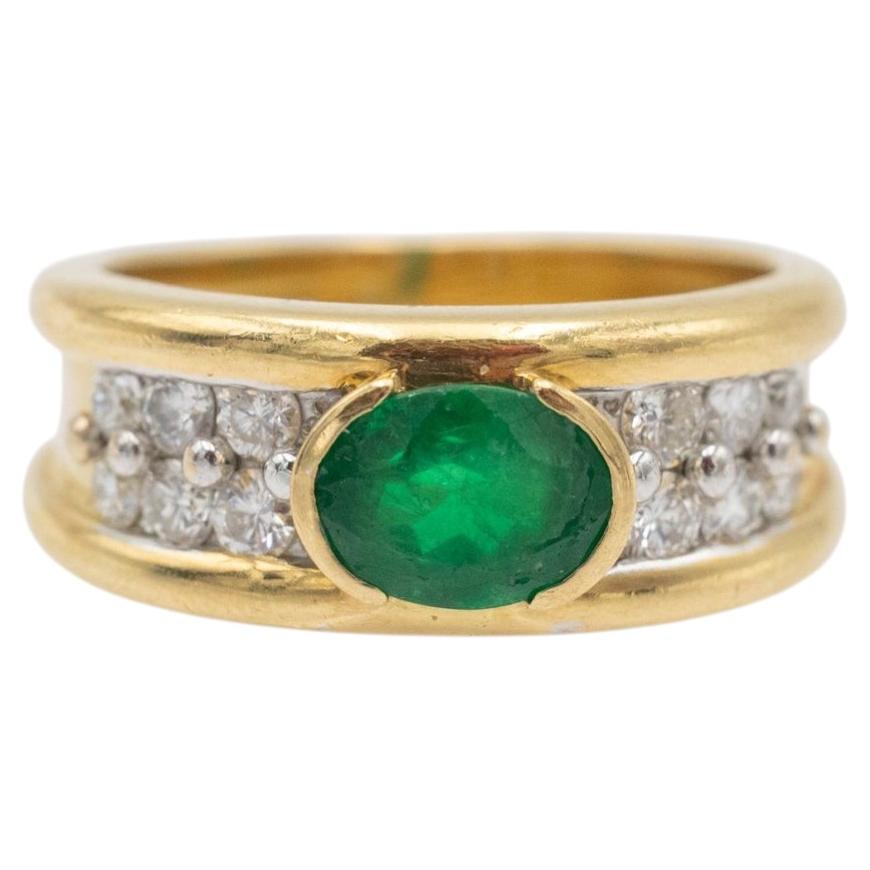 Anillo de oro francés: anillo de sello de estilo vintage con esmeralda y diamantes