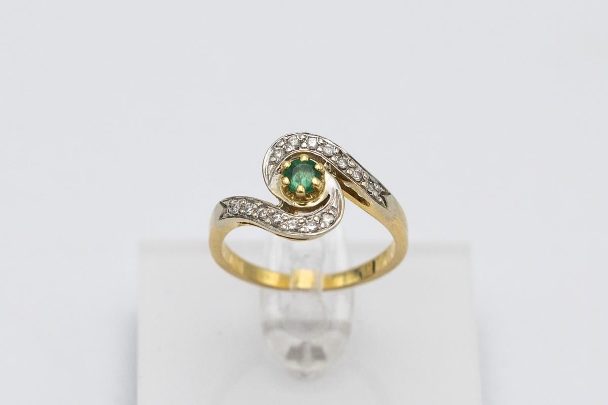 Women's or Men's French gold ring with diamonds and emerald, 1960s.  For Sale