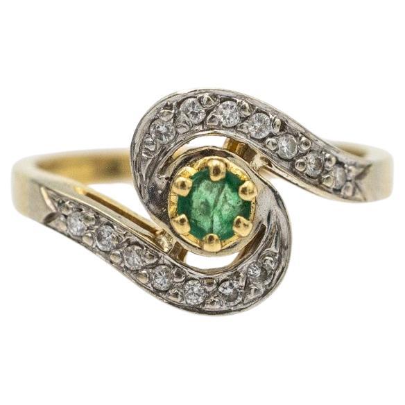 French gold ring with diamonds and emerald, 1960s.  For Sale