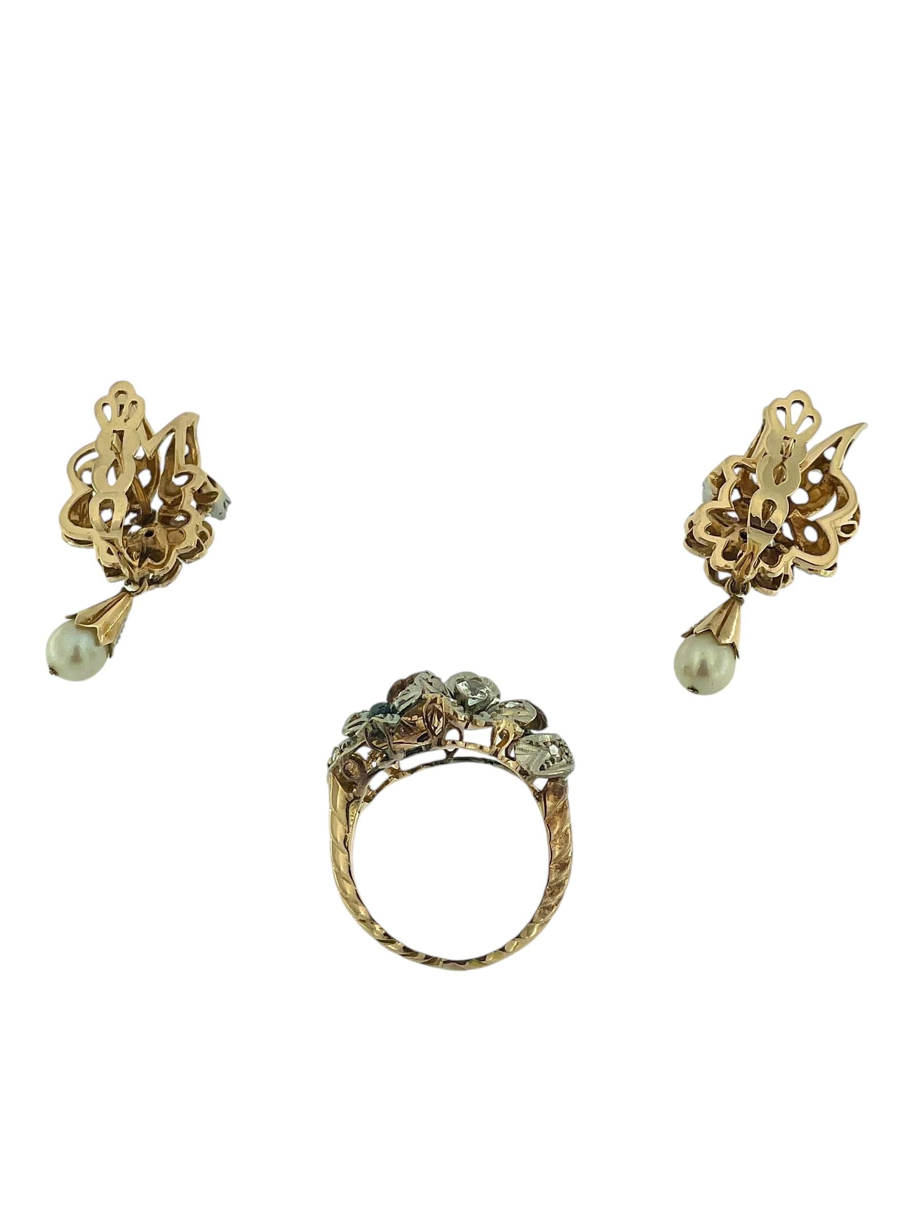 French Gold Set Earrings and Ring Flower Design with Pearls and Zirconia For Sale 4