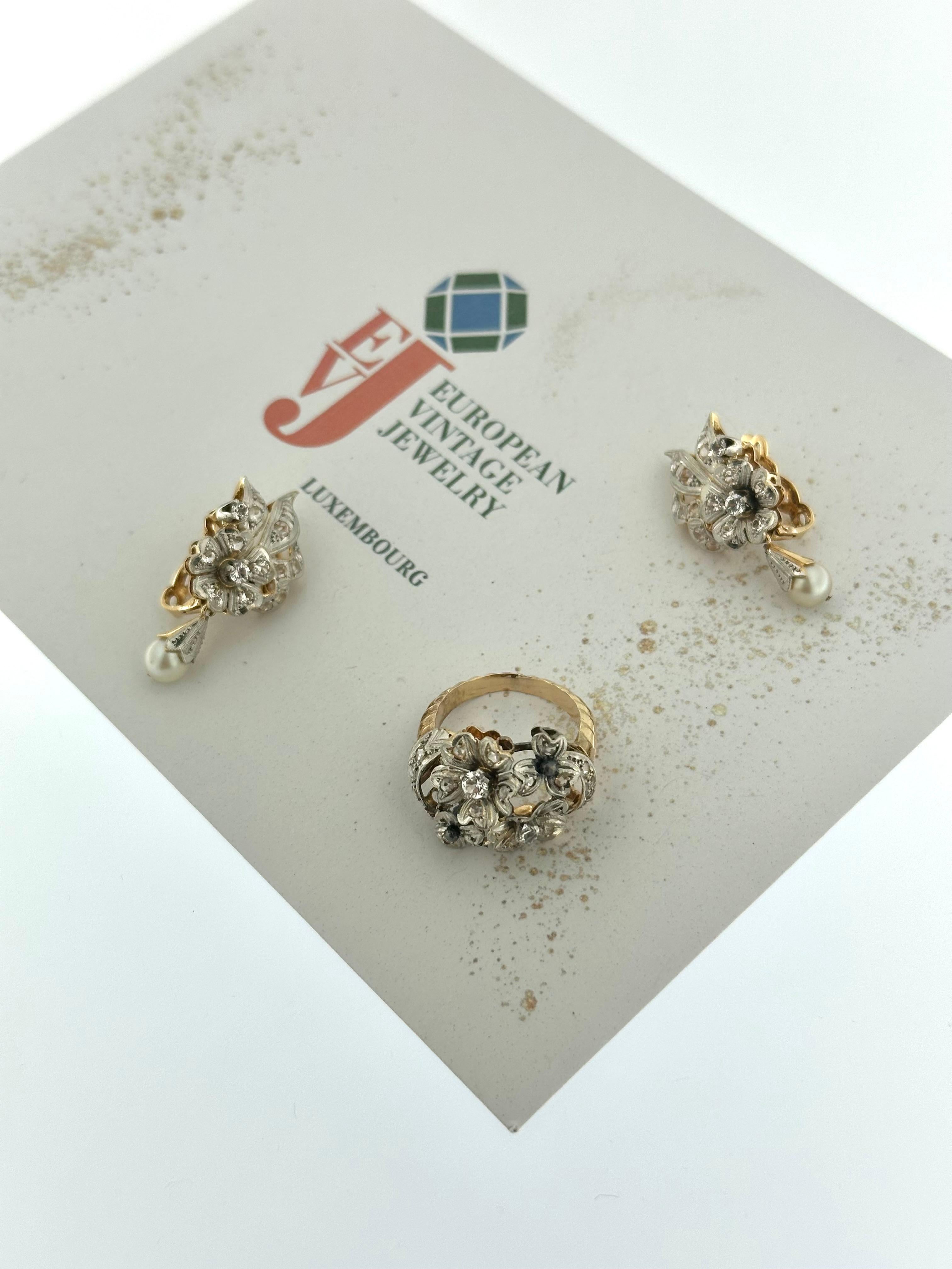 French Gold Set Earrings and Ring Flower Design with Pearls and Zirconia For Sale 6