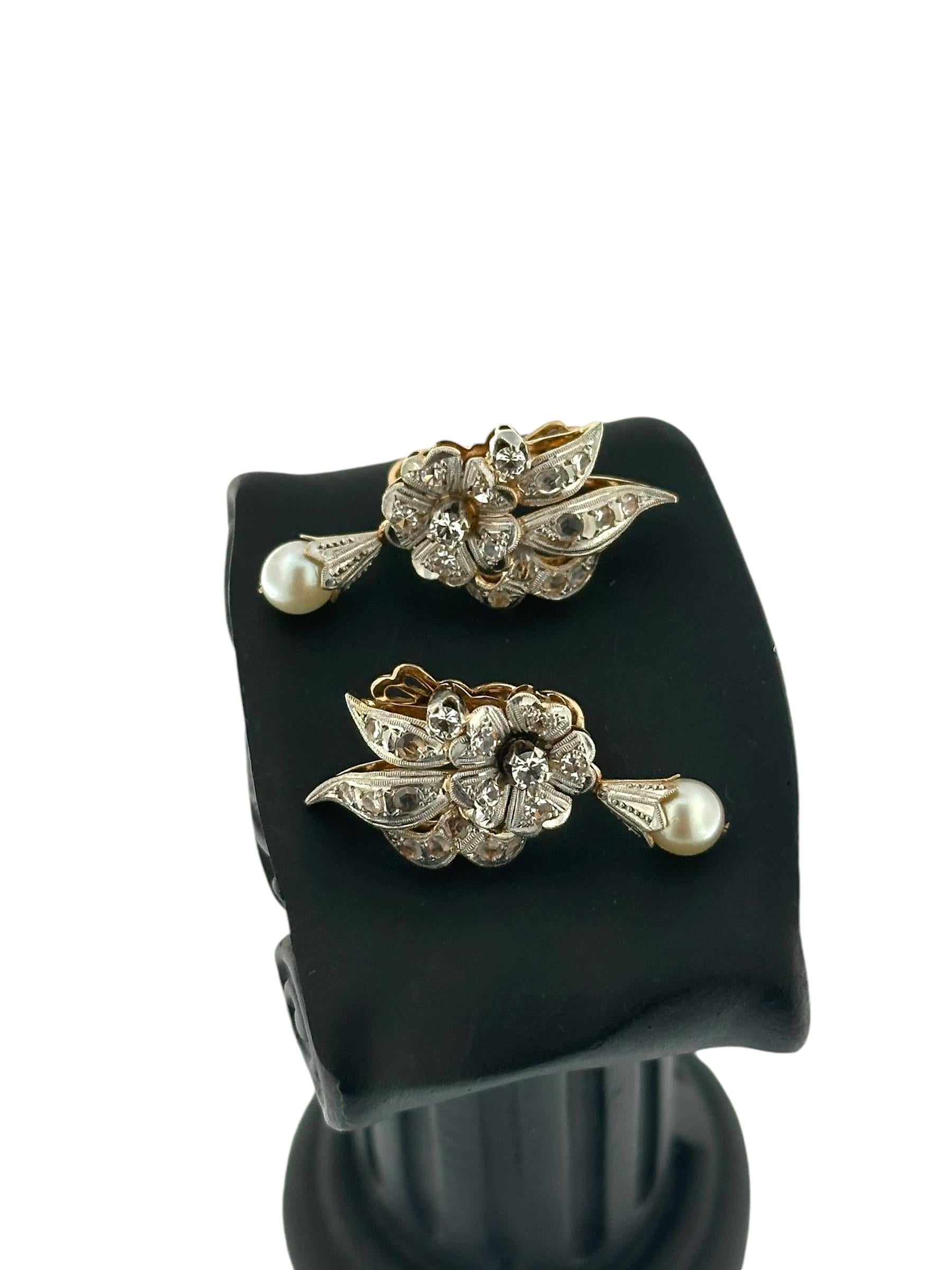 Women's or Men's French Gold Set Earrings and Ring Flower Design with Pearls and Zirconia For Sale