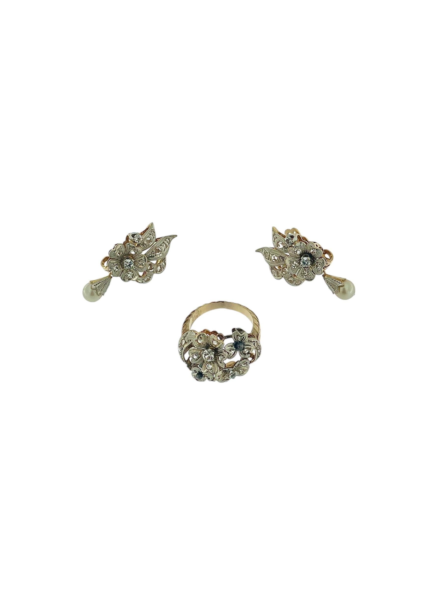 French Gold Set Earrings and Ring Flower Design with Pearls and Zirconia For Sale 1