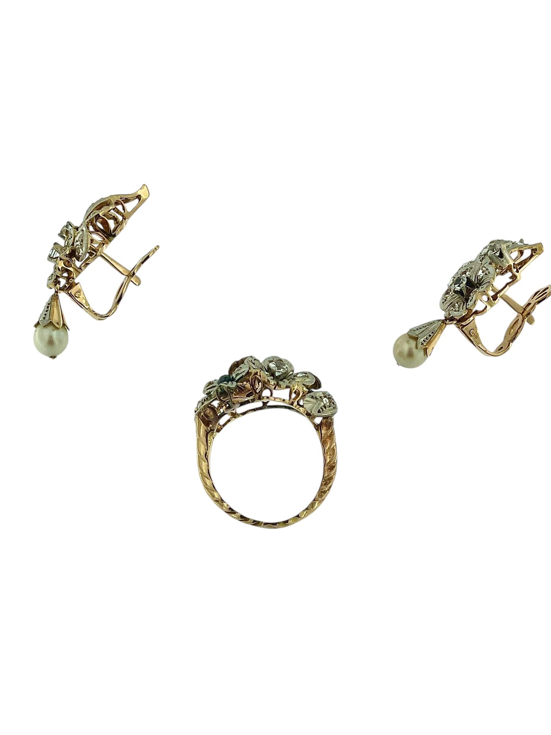 French Gold Set Earrings and Ring Flower Design with Pearls and Zirconia For Sale 3