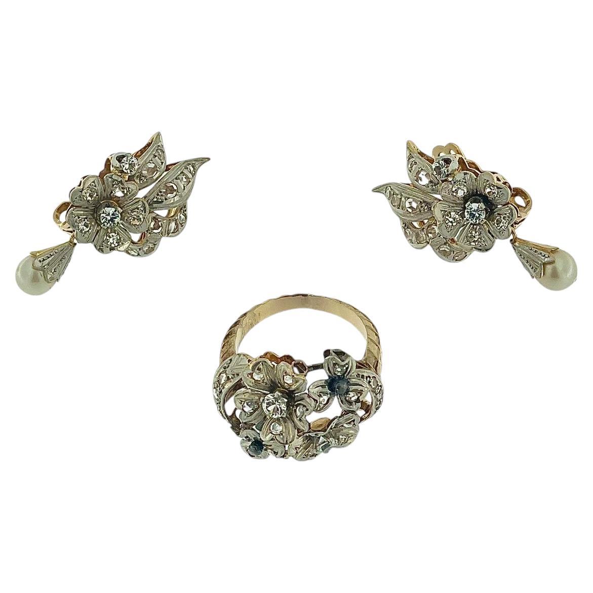 French Gold Set Earrings and Ring Flower Design with Pearls and Zirconia For Sale