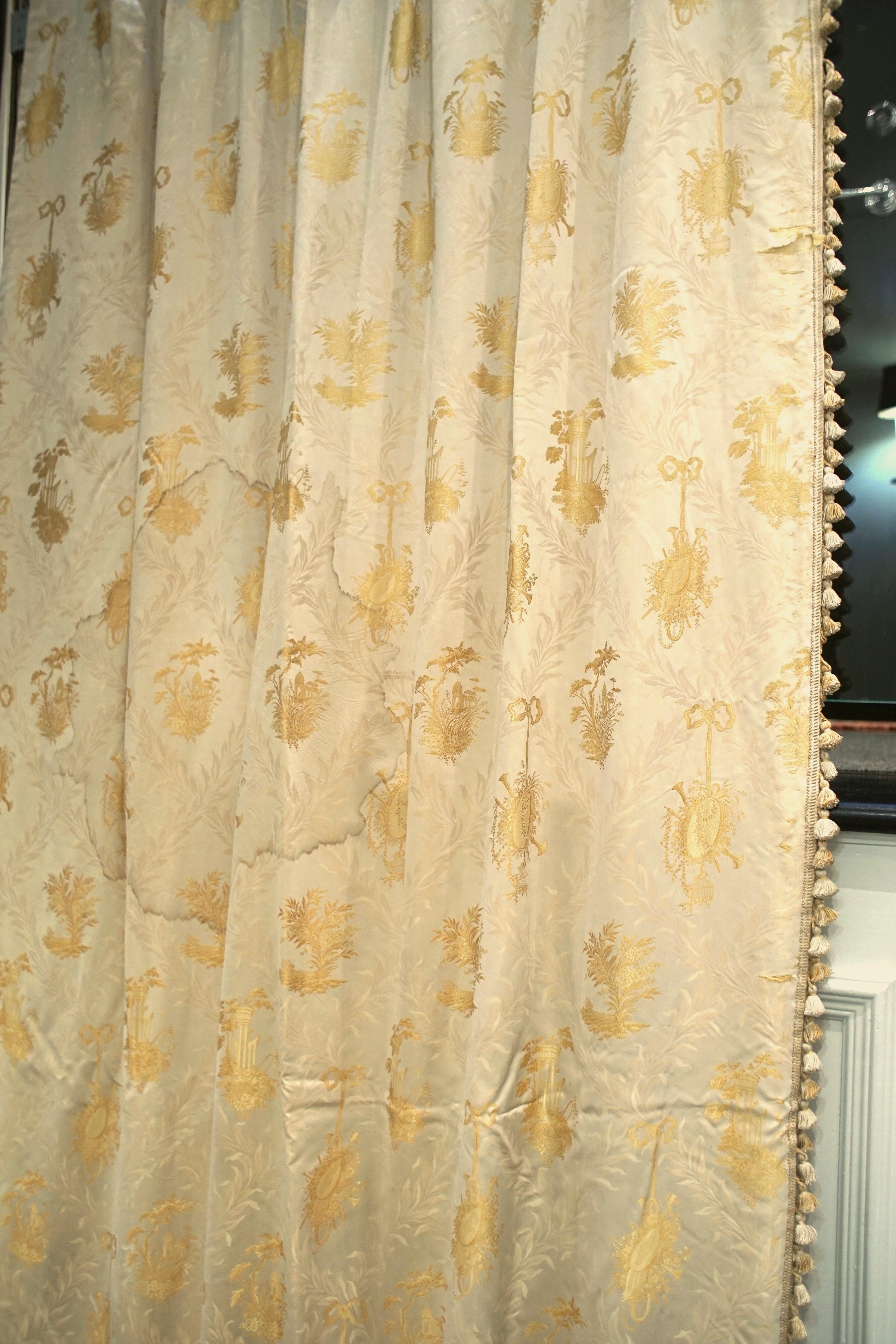 French, Gold Silk Embroidered Curtains with Fringe 13