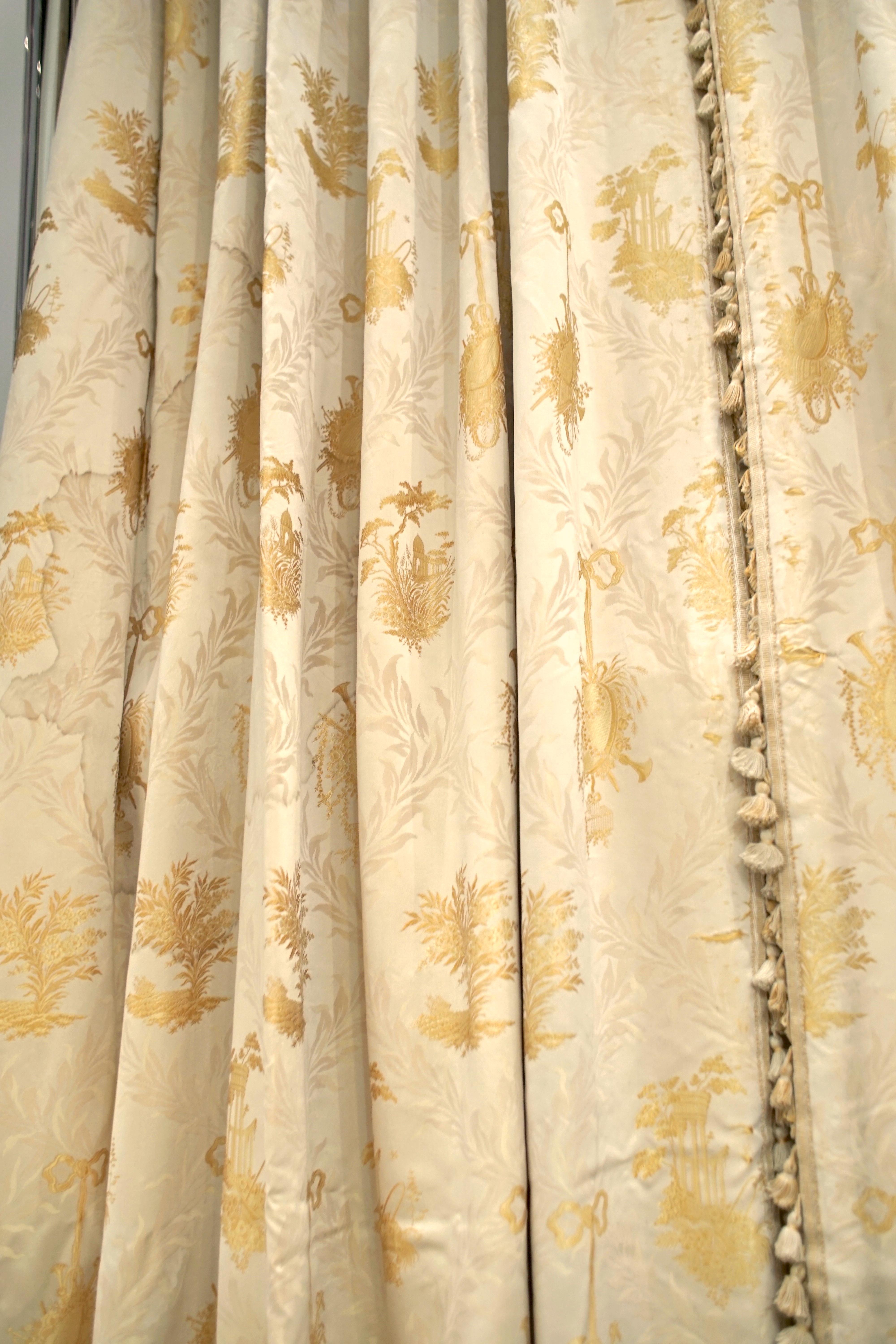 20th Century French, Gold Silk Embroidered Curtains with Fringe