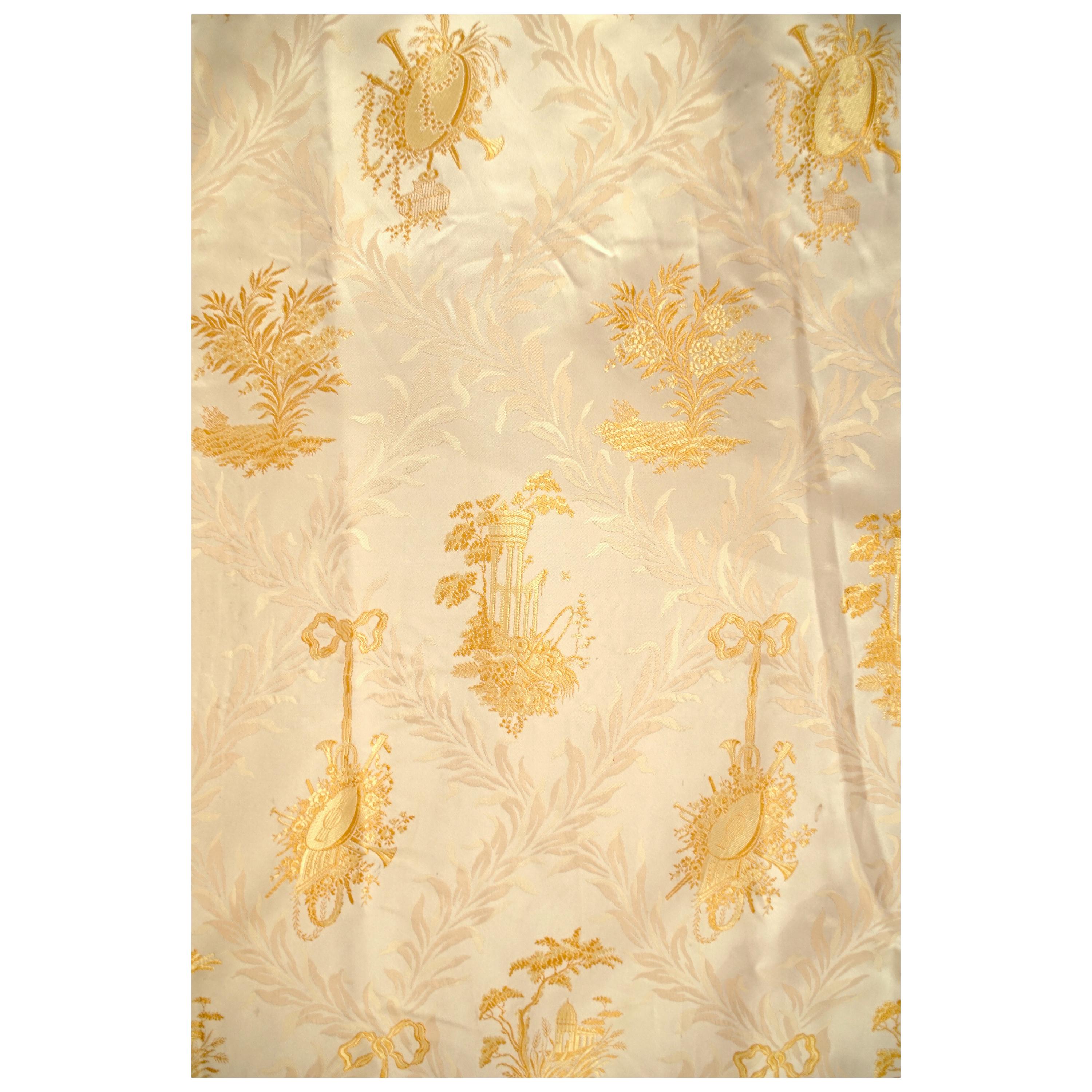 French, Gold Silk Embroidered Curtains with Fringe