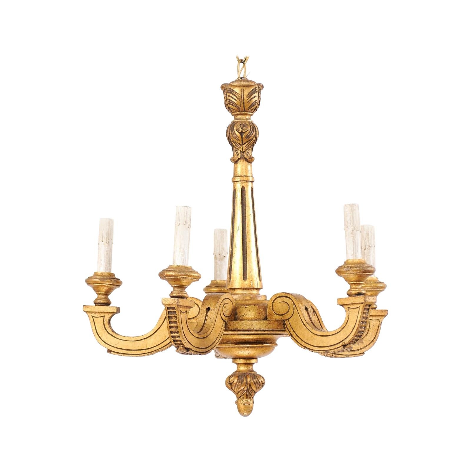 French Gold Tone Carved-Wood Five-Light Chandelier, Mid-20th Century