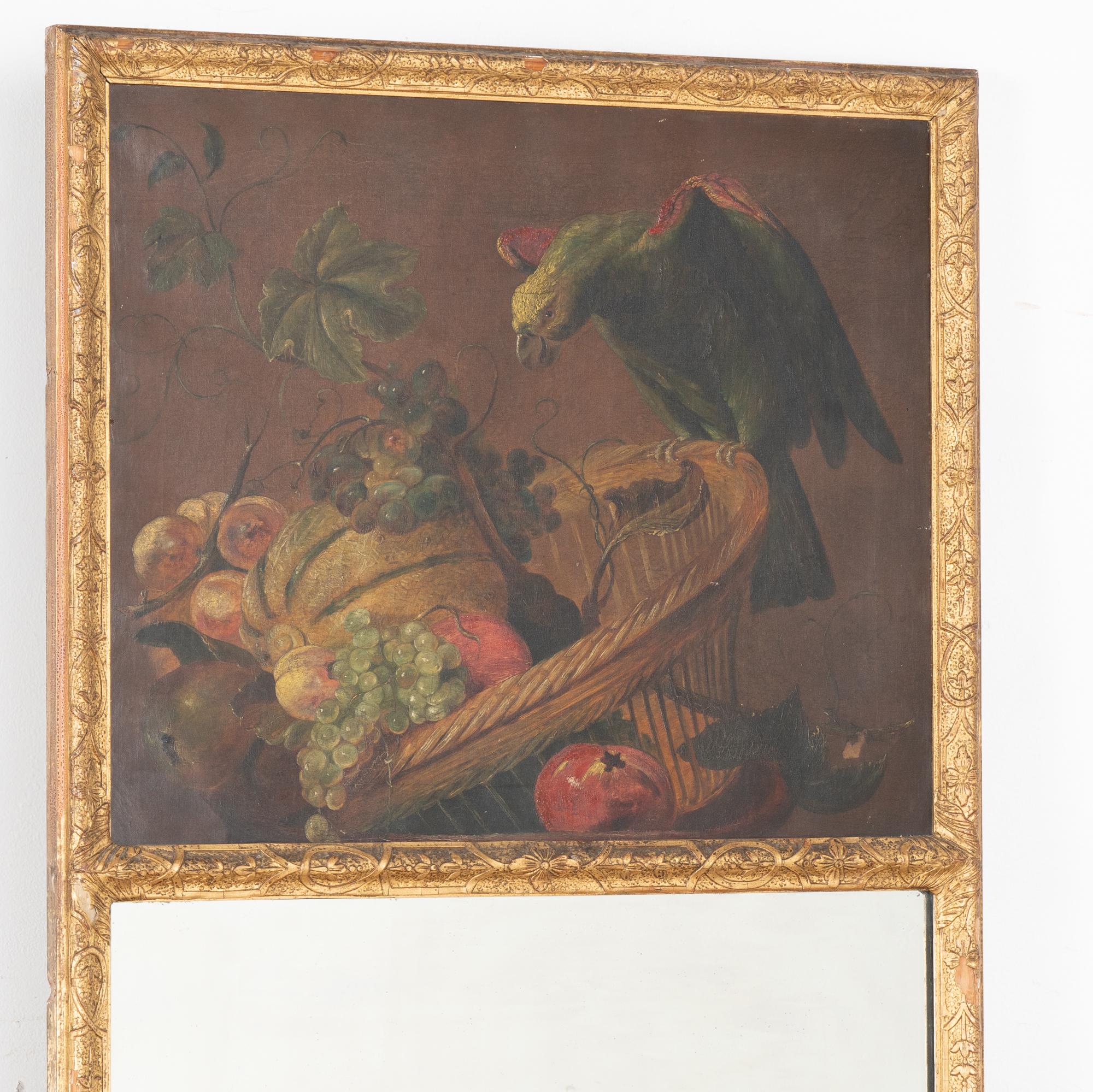 Français Miroir Trumeau en or avec fruits peints et perroquet, vers 1890 en vente