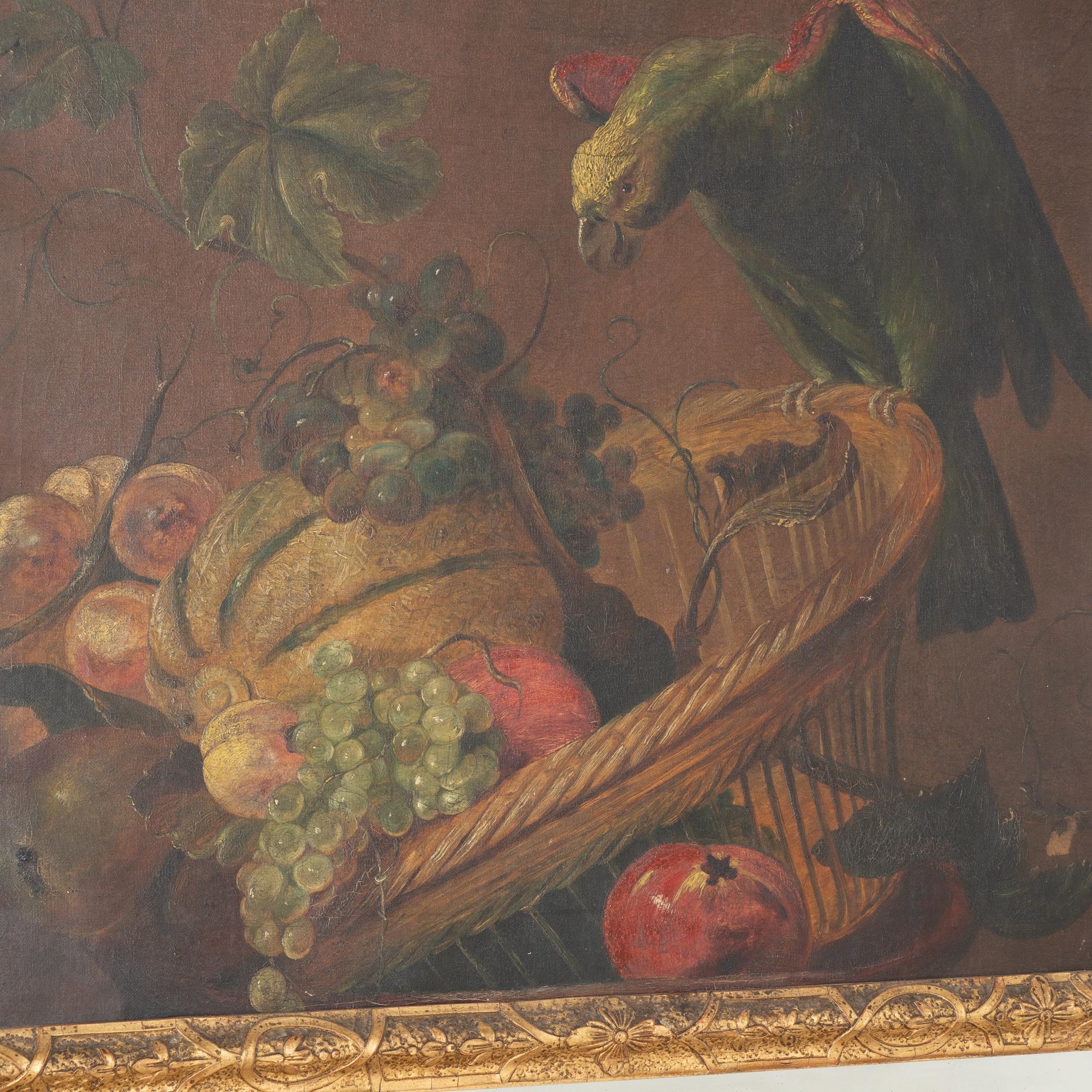 XIXe siècle Miroir Trumeau en or avec fruits peints et perroquet, vers 1890 en vente