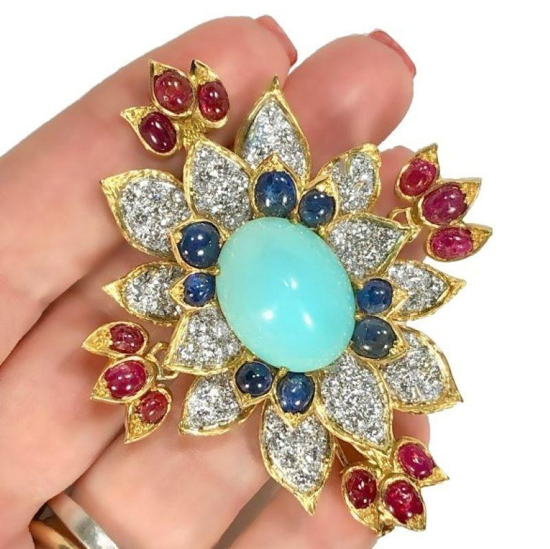 Brilliant Cut French Gold, Turquoise, Diamond, Ruby, and Sapphire Brooch by Jean-Thierry Bondt