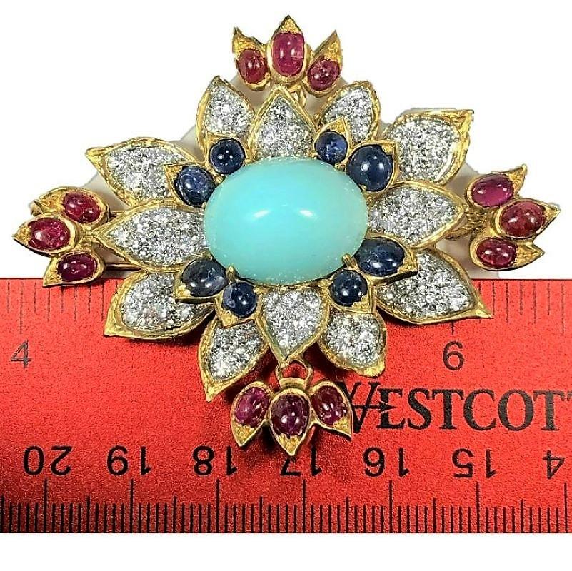 French Gold, Turquoise, Diamond, Ruby, and Sapphire Brooch by Jean-Thierry Bondt In Good Condition In Palm Beach, FL