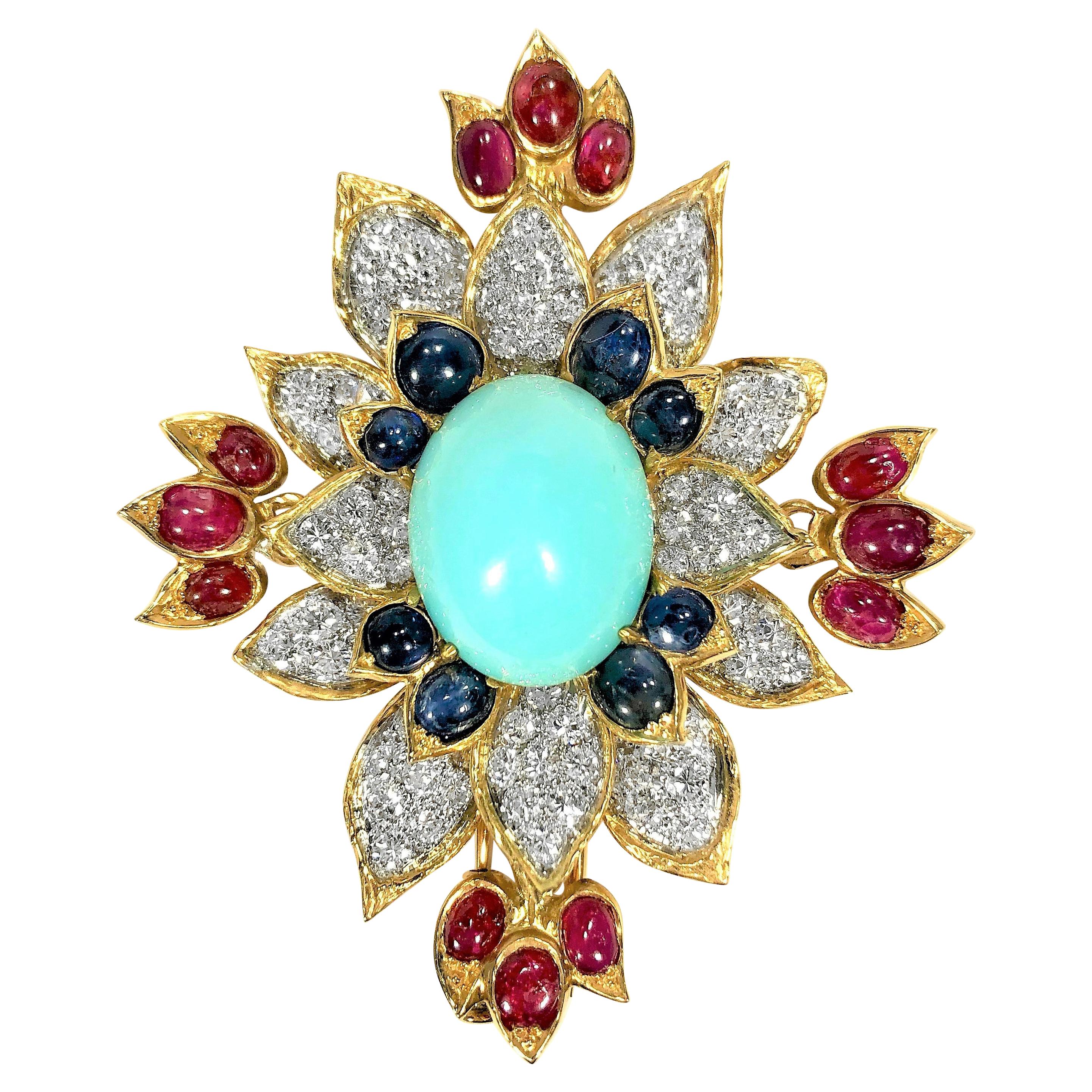 French Gold, Turquoise, Diamond, Ruby, and Sapphire Brooch by Jean-Thierry Bondt