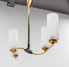 French Golden Chrome and Frosted Glass Ceiling Lamp Lustre Arlus Style, 1960