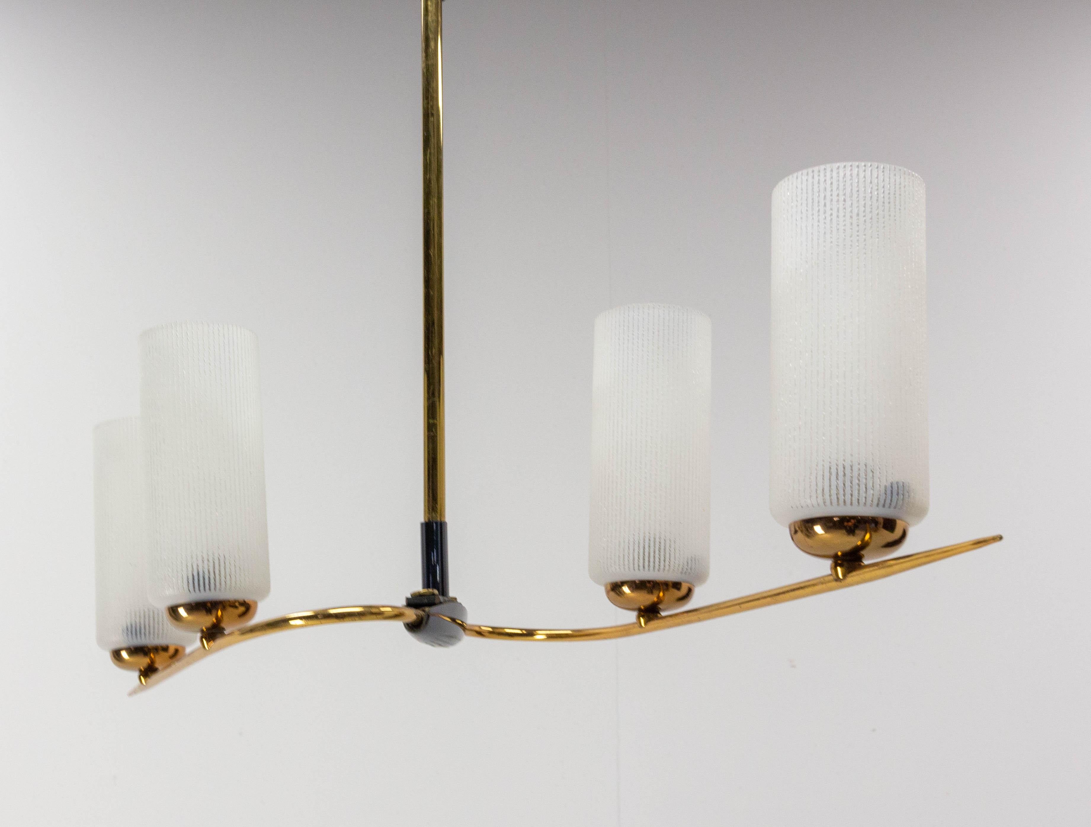 Mid-Century Modern French Golden Chrome and Frosted Glass Ceiling Lamp Lustre Arlus Style, 1960 For Sale