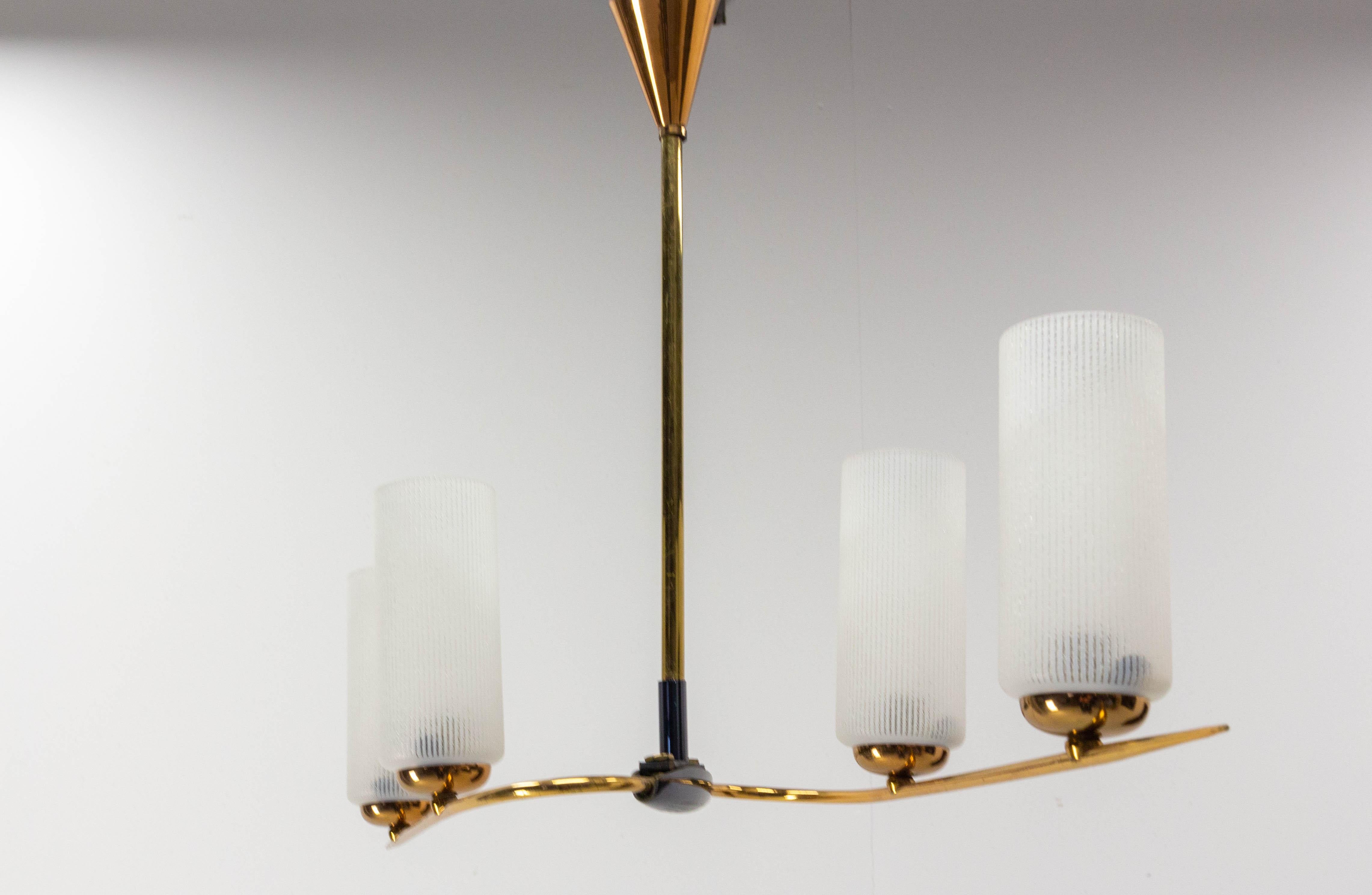 French Golden Chrome and Frosted Glass Ceiling Lamp Lustre Arlus Style, 1960 In Good Condition For Sale In Labrit, Landes