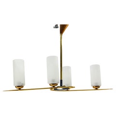 French Golden Chrome and Frosted Glass Ceiling Lamp Lustre Arlus Style, 1960