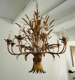 French Golden Metal Chandelier st Maison Charles 1980 Wheat ears and Foliage