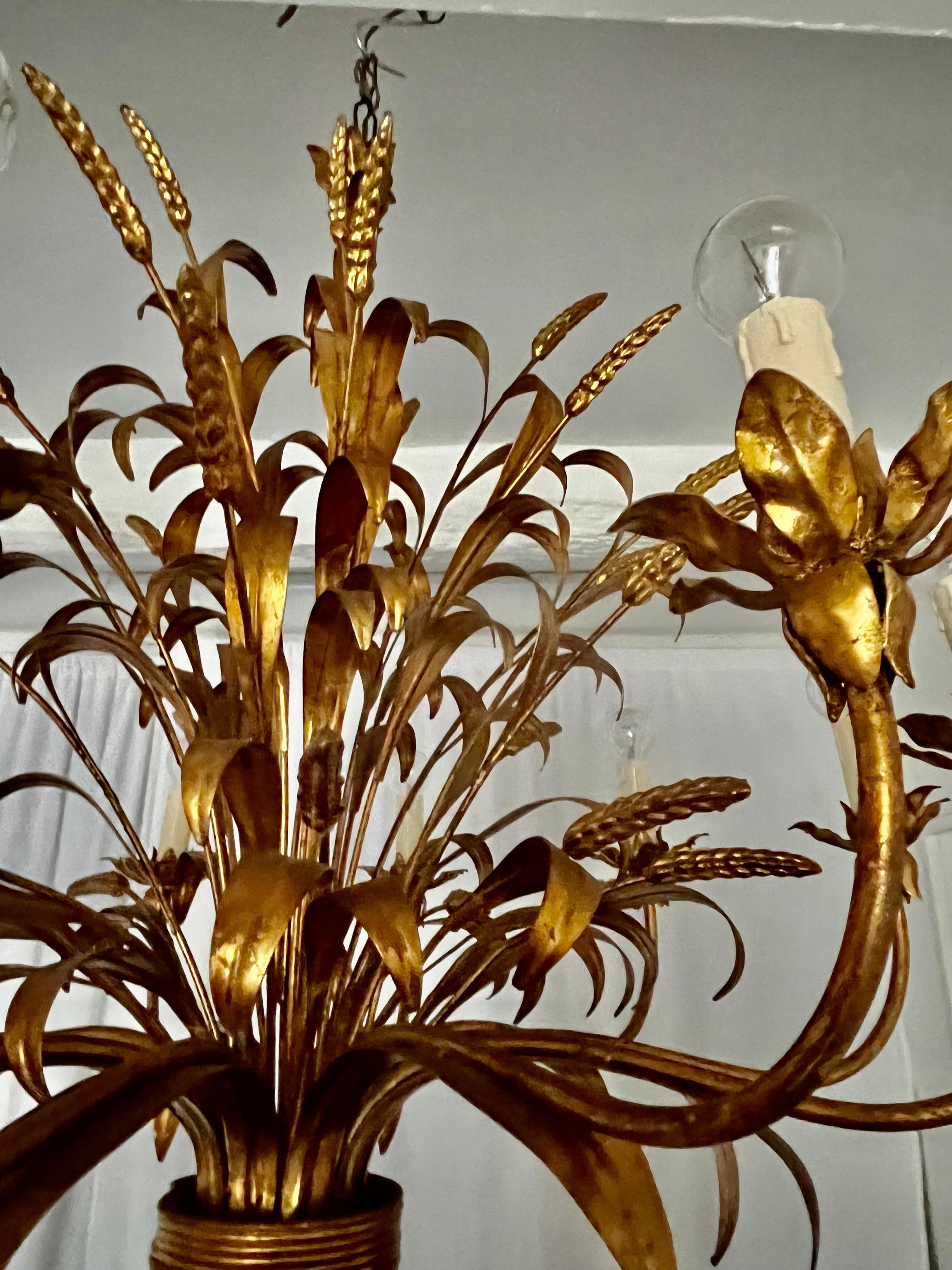 Baroque French Golden Metal Chandelier st Maison Charles 1980 Wheat ears and Foliage For Sale