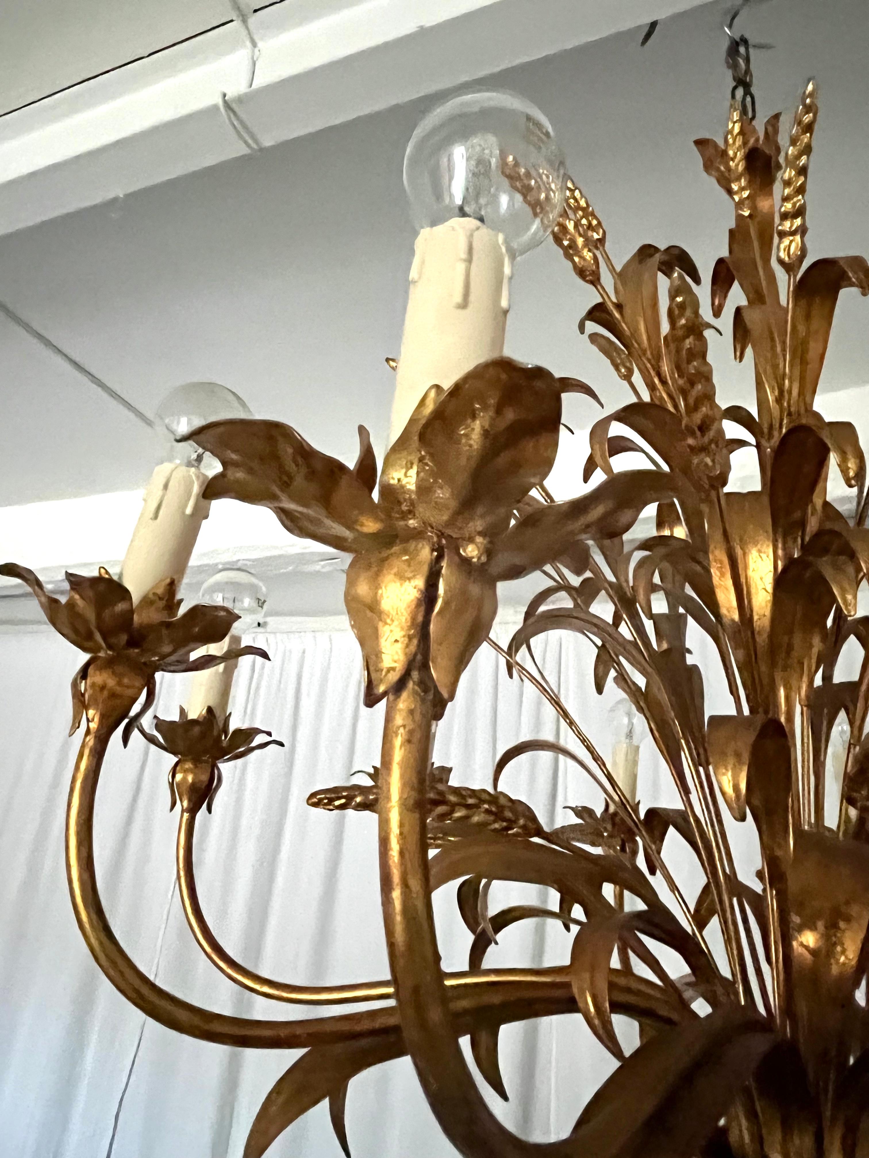 Découpage French Golden Metal Chandelier st Maison Charles 1980 Wheat ears and Foliage For Sale
