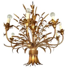 French Golden Metal Chandelier st Maison Charles 1980 Wheat ears and Foliage