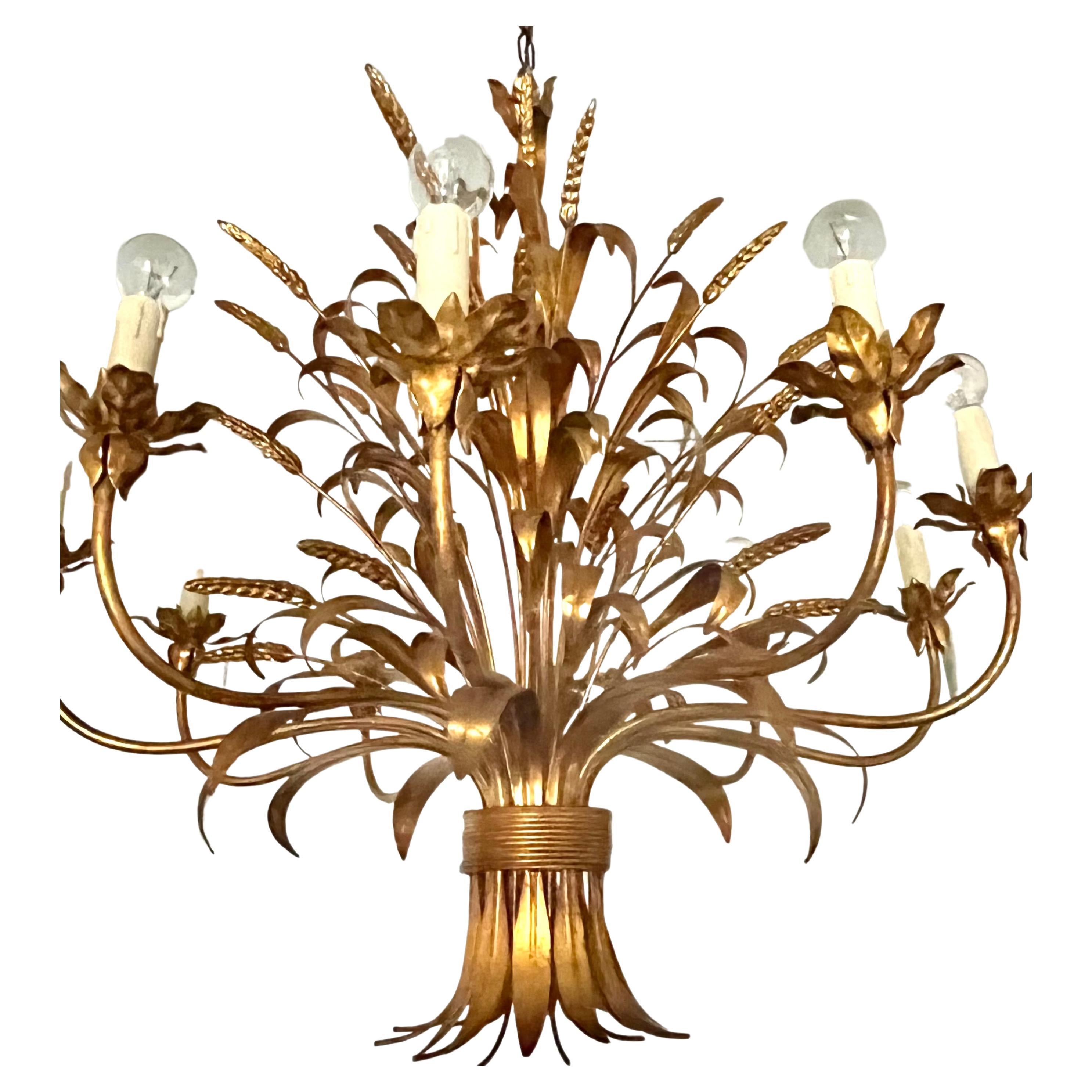 French Golden Metal Chandelier st Maison Charles 1980 Wheat ears and Foliage