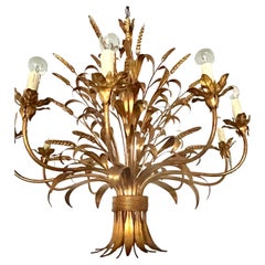 French Golden Metal Chandelier st Maison Charles 1980 Wheat ears and Foliage