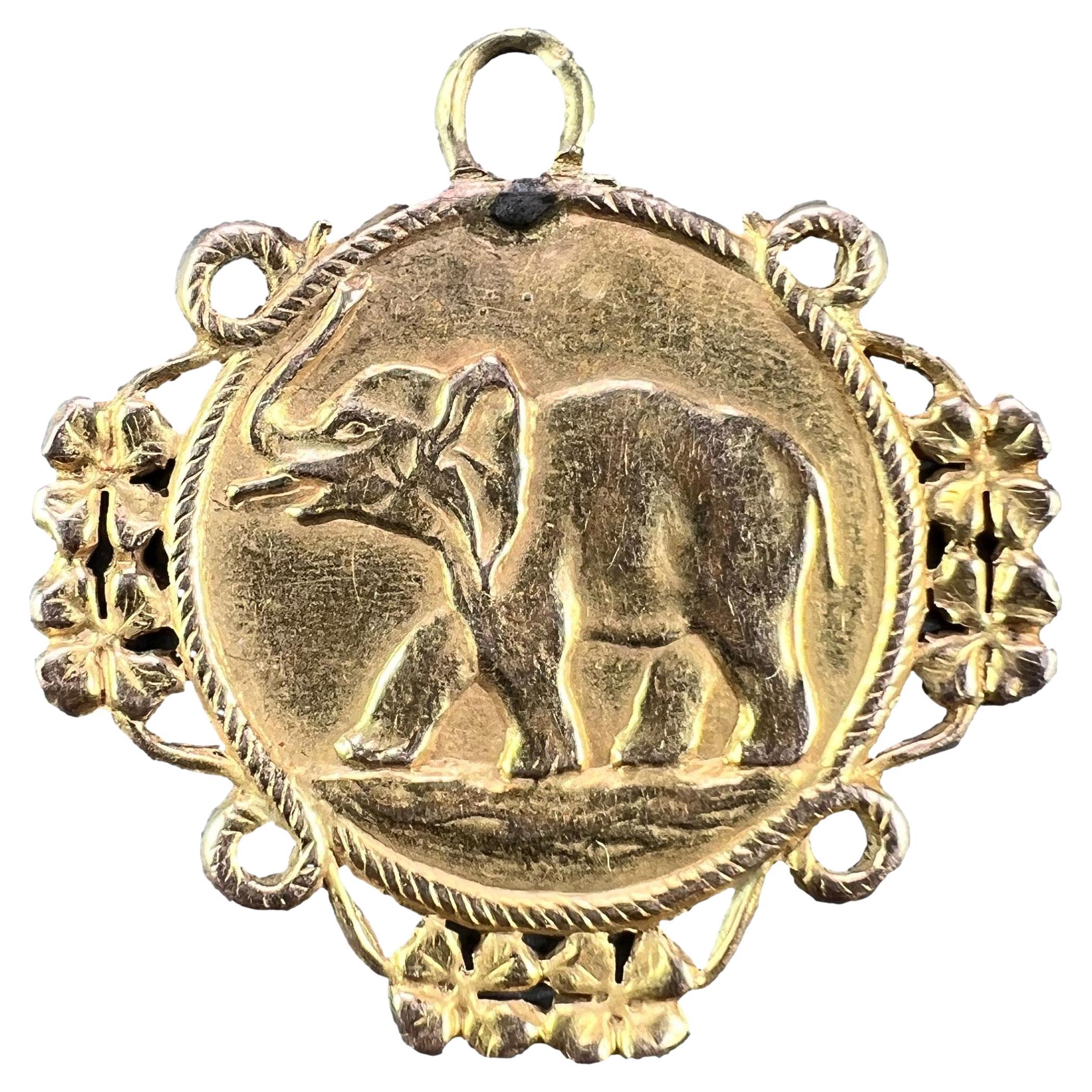French Good Luck Elephant Four Leaf Clover 18K Yellow Gold Lucky Charm Pendant
