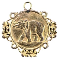 French Good Luck Elephant Four Leaf Clover 18K Yellow Gold Lucky Charm Pendant