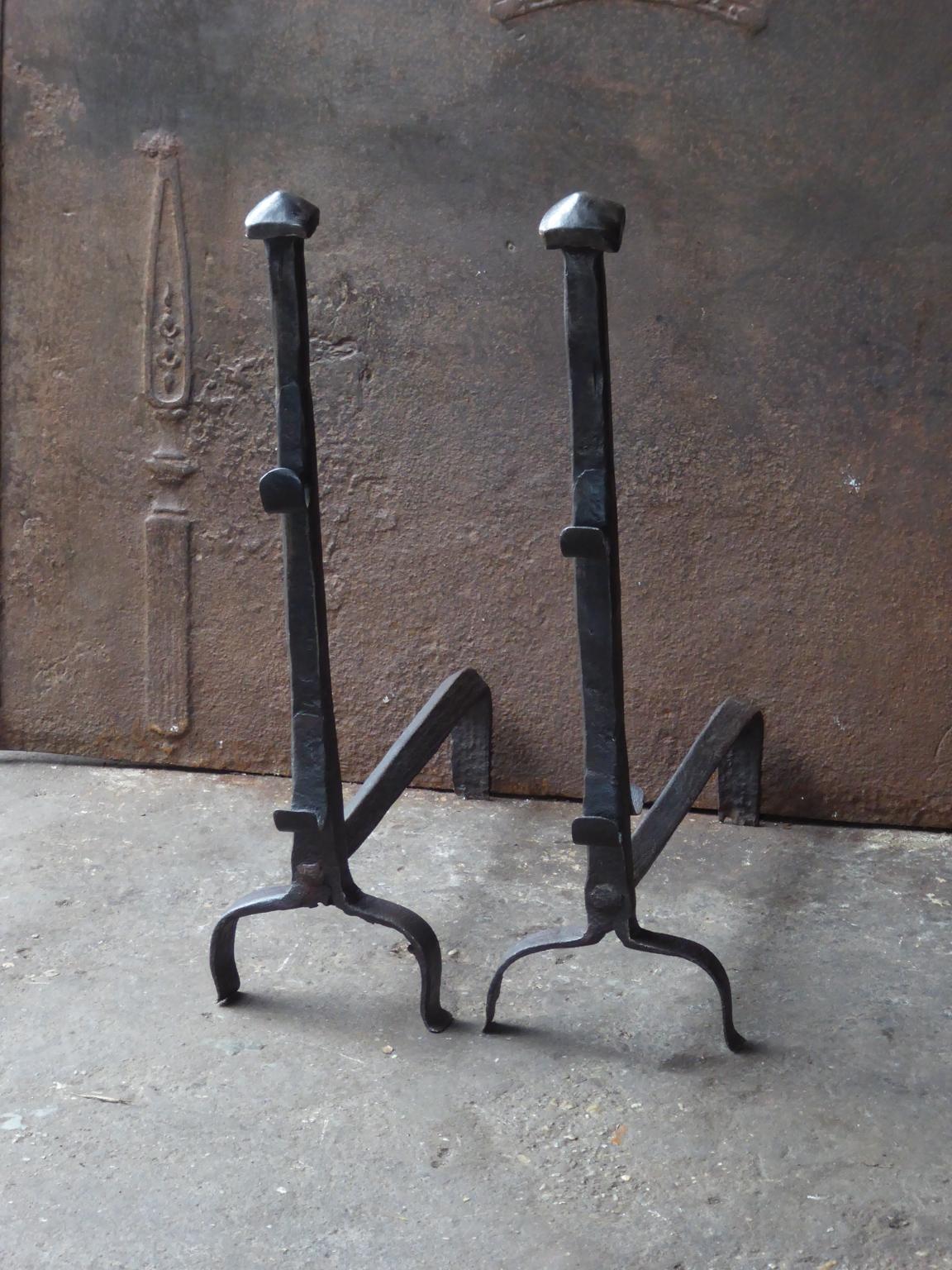 Forged French Gothic Andirons or Firedogs, 17th-18th Century