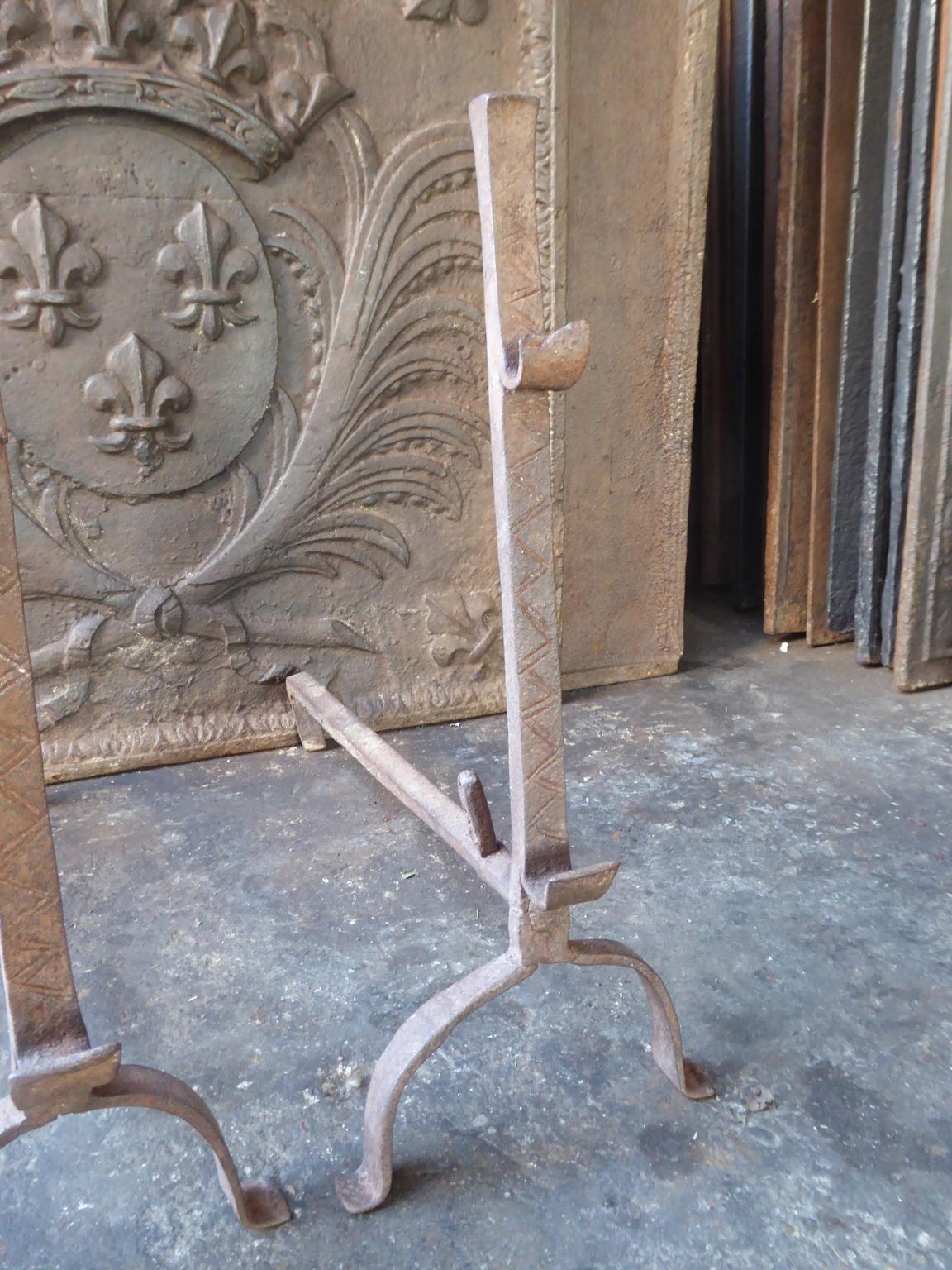 Wrought Iron French Gothic Andirons or Firedogs, 17th-18th Century For Sale